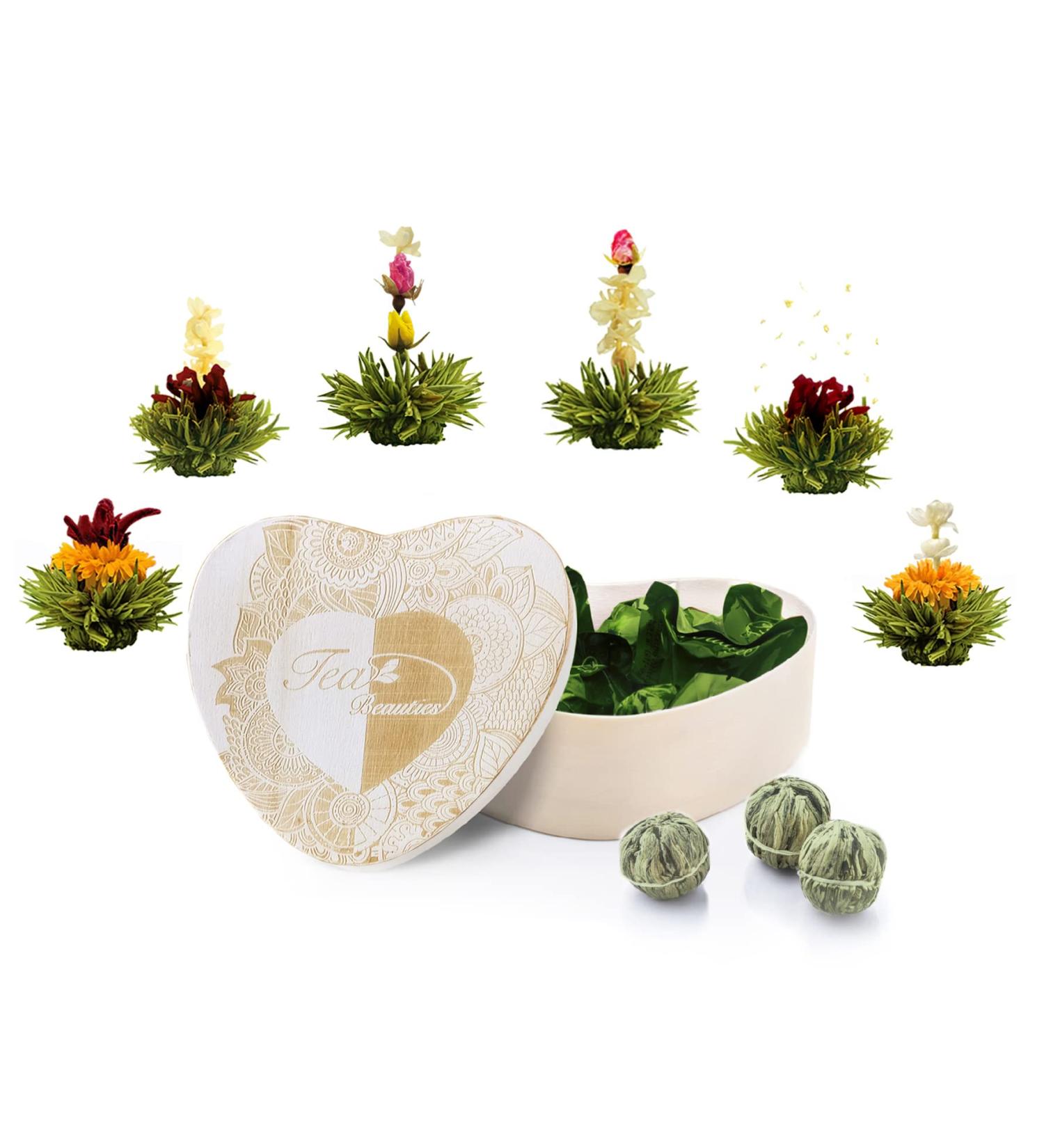 Creano Blooming Tea Gift Set - 6 Flowering Green Teas in Heart-Shaped Wooden Box | Perfect Tea Gift for Tea Lovers - Buy Online on GoSupps.com