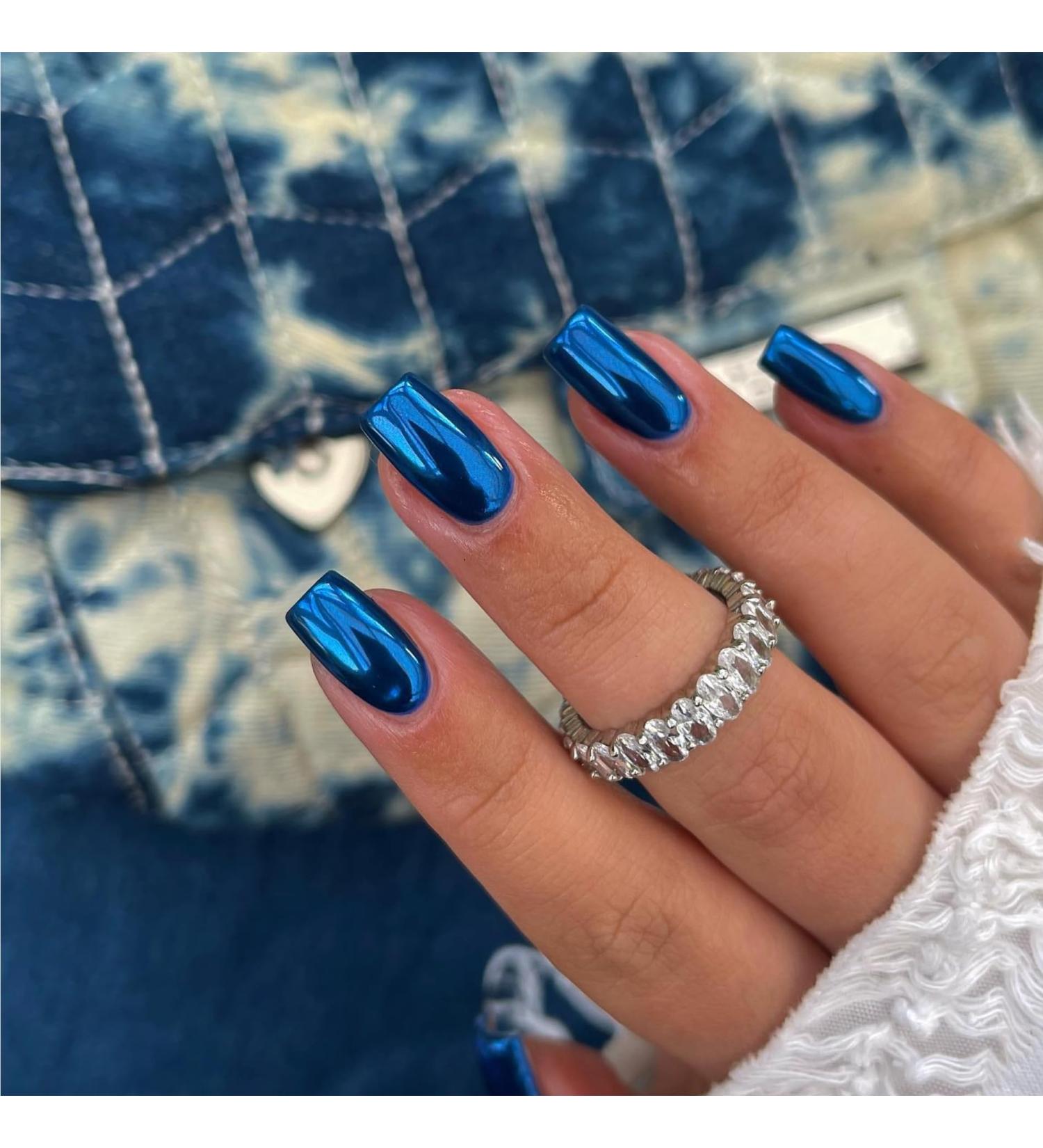 Royal Blue Chrome Square Press-On Nails - Metallic False Acrylic Nails for Women | KQueenest Short & Medium Length Glossy Stick-ons - Buy Online on GoSupps.com