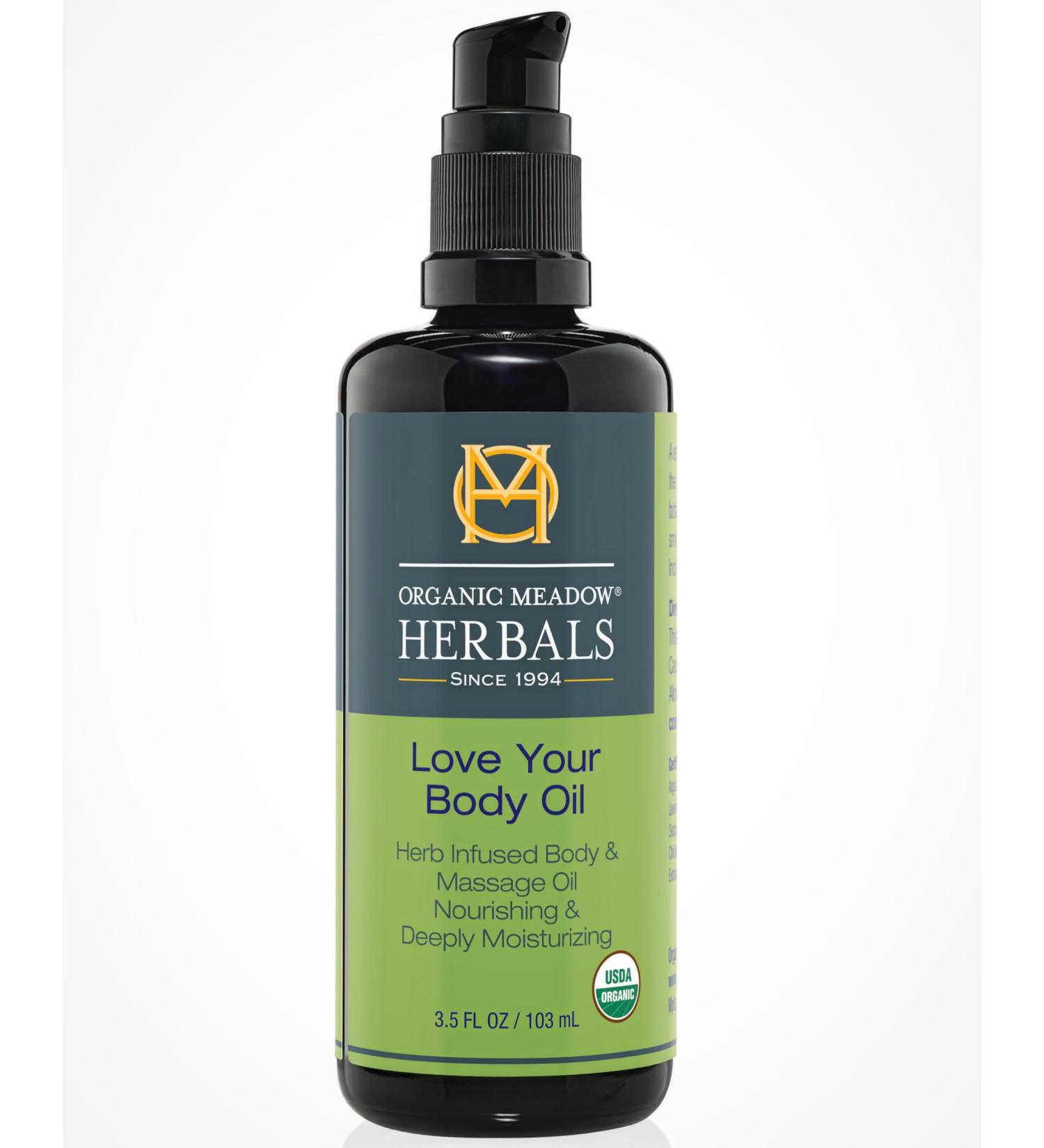 Organic Meadow Herbals Love Your Body Oil 3.5oz. Organic Herb-Infused Moisturizing Body Oil 100% Organic Ingredients. USDA Certified Organic. Handcrafted in USA by US. Woman-owned & operated. - Buy Online on GoSupps.com