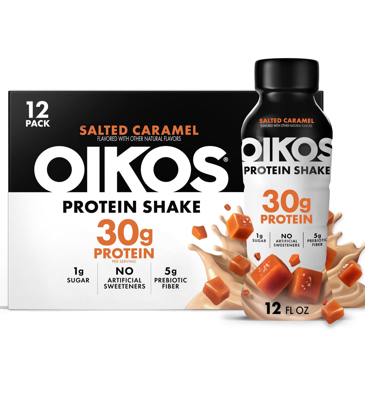 Oikos Protein Shake Salted Caramel 30g High Protein Drinks Shelf Stable Ready to Drink 5g Prebiotic Fiber 12 fl oz Bottle 12 Count Salted Caramel 12 Fl Oz (Pack of 12) - Buy Online on GoSupps.com