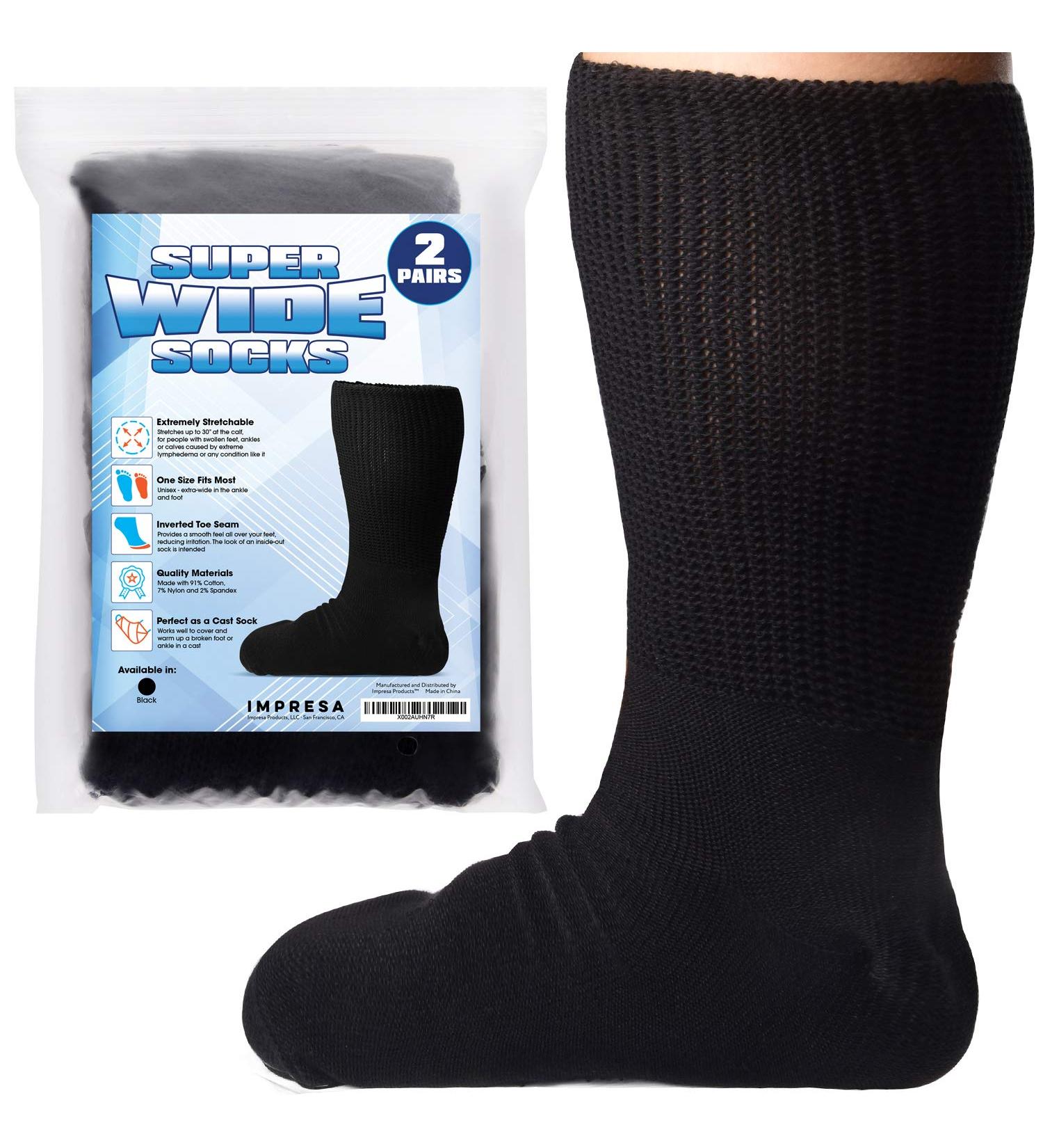 IMPRESA Extra Wide Socks for Men & Women - 2 Pairs for Lymphedema Swollen Feet & Legs - Bariatric Hospital & Cast Socks - Stretches Up to 30 Inches (Black - Buy Online on GoSupps.com