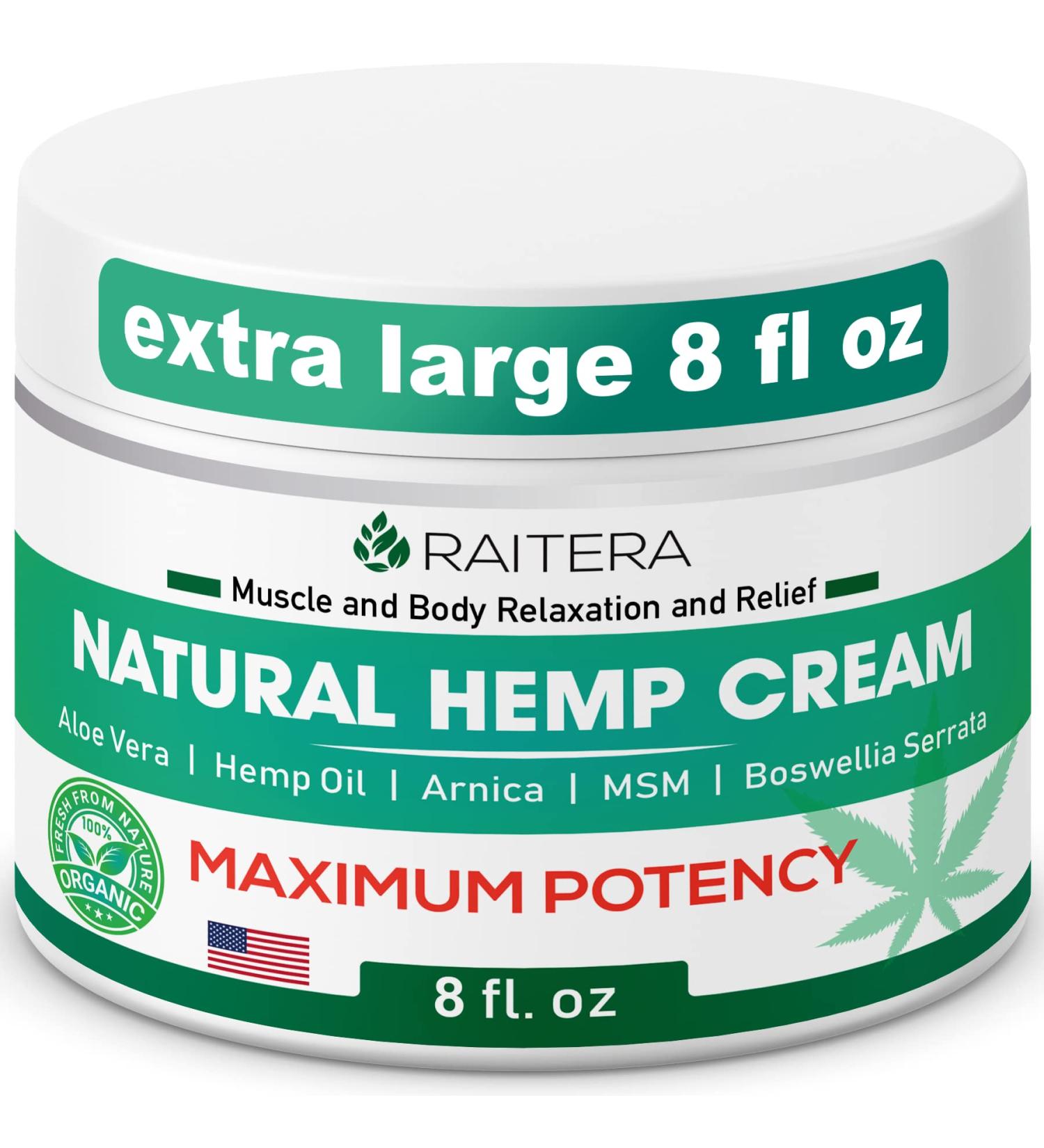 Raitera Hemp Cream 8 oz - Pure Hemp Oil Extract with Emu, MSM & Arnica - Natural Max Strength Balm for Back, Joint, Muscle & Neuropathy Relief - Premium Formula - Buy Online on GoSupps.com