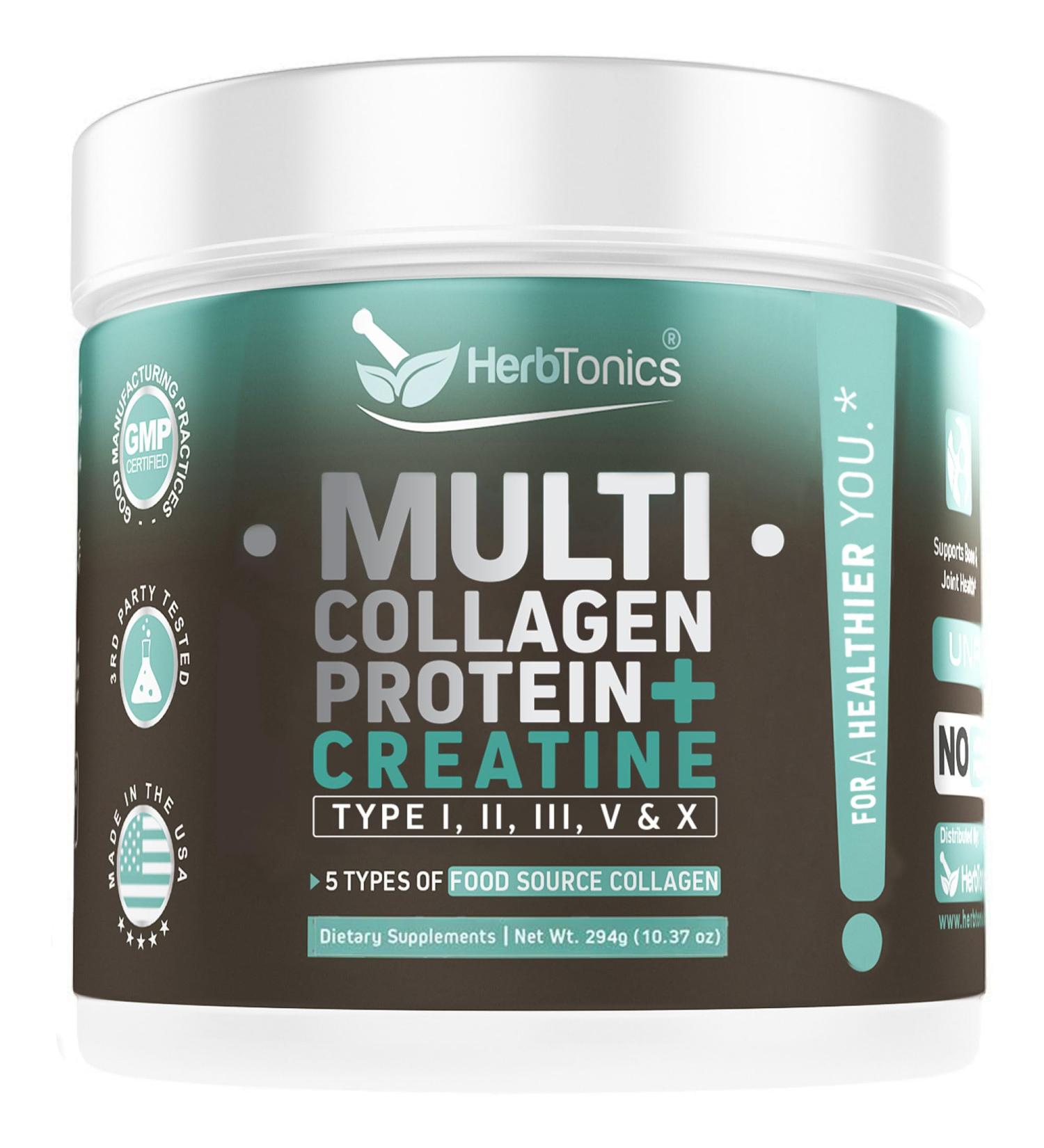 Herbtonics Creatine Monohydrate + Multi Collagen Protein Powder 10g Per Serving | Grass-Fed Hydrolyzed Collagen Peptides (Type 1 2 3 5 10) for Lean Muscle Growth Recovery and Energy | Unflavored - Buy Online on GoSupps.com