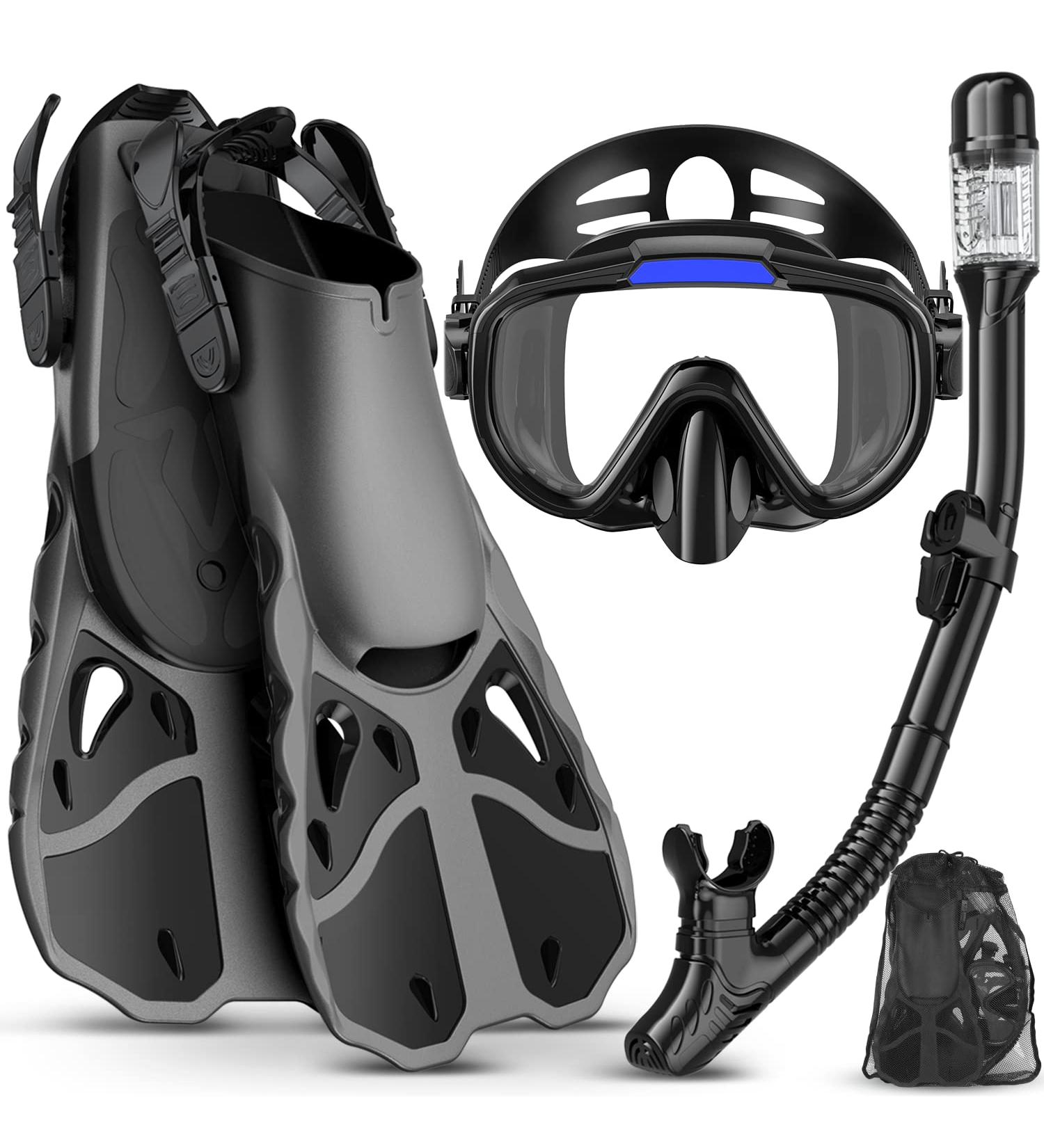 Vengreedo Snorkel Set with Fins for Adults - Dry Top Snorkel Mask, Travel Bag Included - Ideal for Snorkeling, Diving, Swimming - S/M Black - Buy Online on GoSupps.com