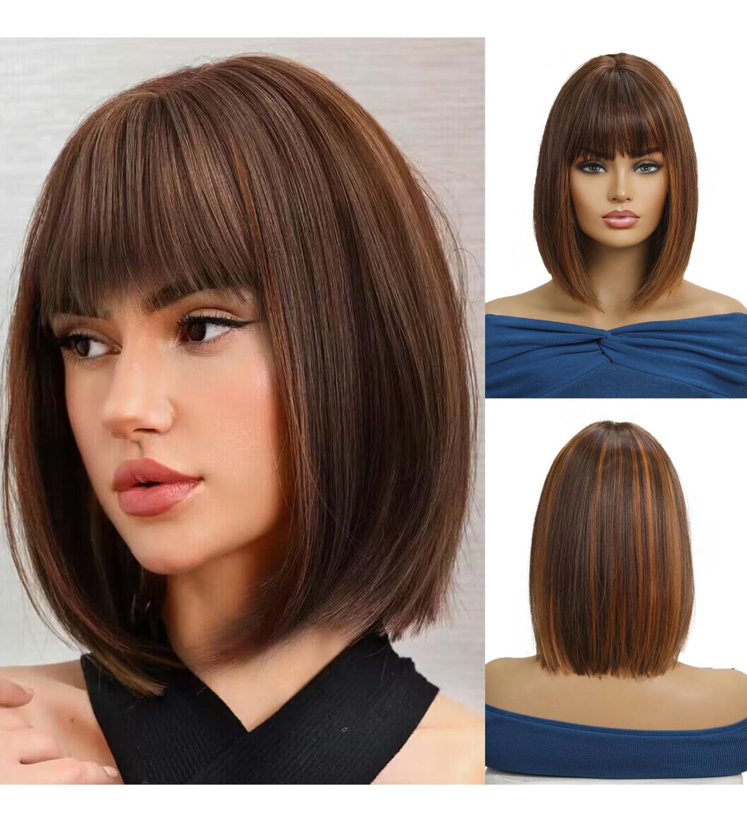 OUFEI Brown mixed Auburn Bob Wig With Bangs Short Straight Wig For Women Synthetic Hair Wigs for Daily Party Cosplay Wear Brown mixed Auburn(9059-2) - Buy Online on GoSupps.com