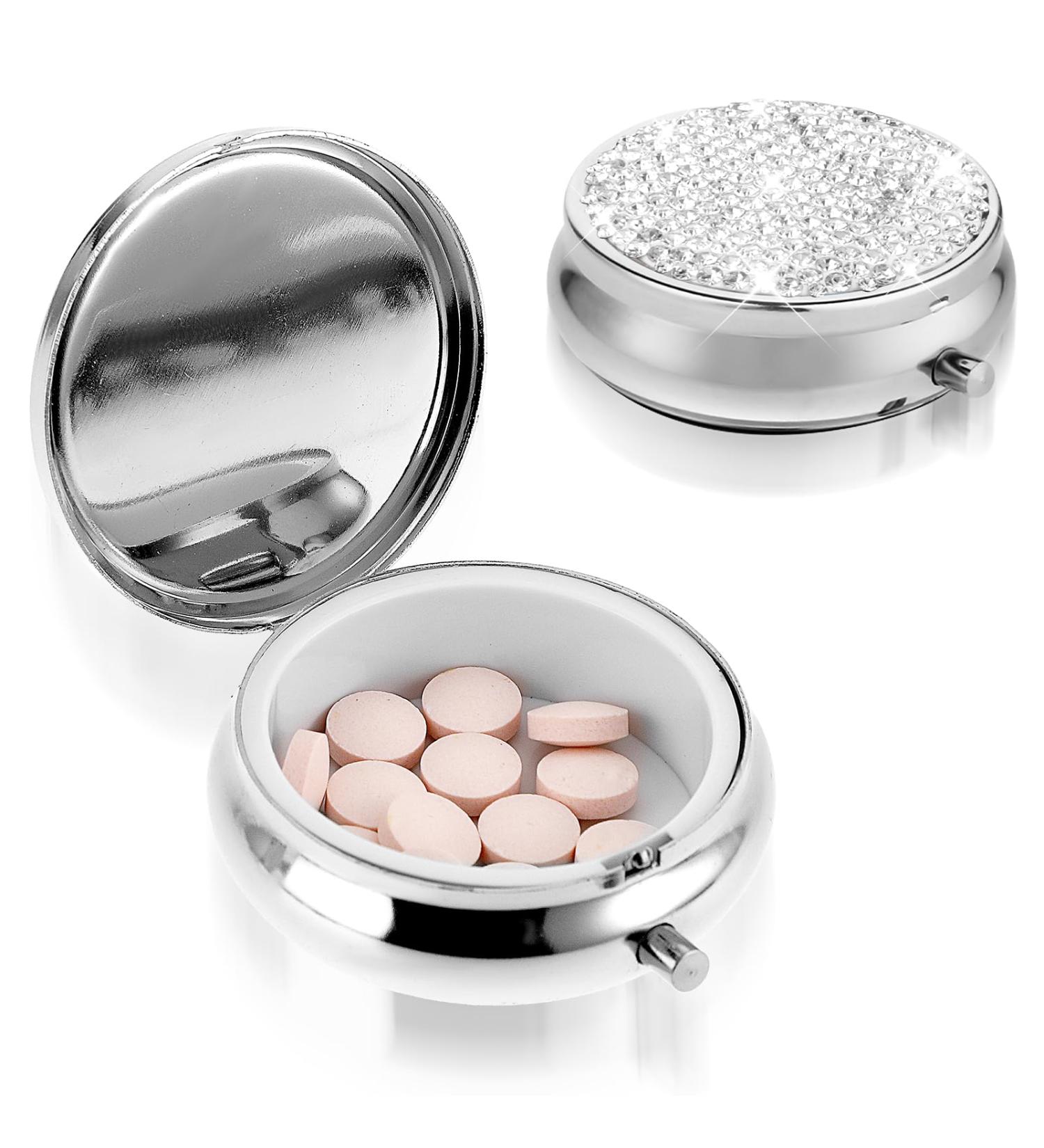 Shop SIBBA Portable Pill Organizer | Multifunctional Moisture-resistant Travel Box | Cute Metal Vitamin Case in Silver Crystal Color - Buy Online on GoSupps.com