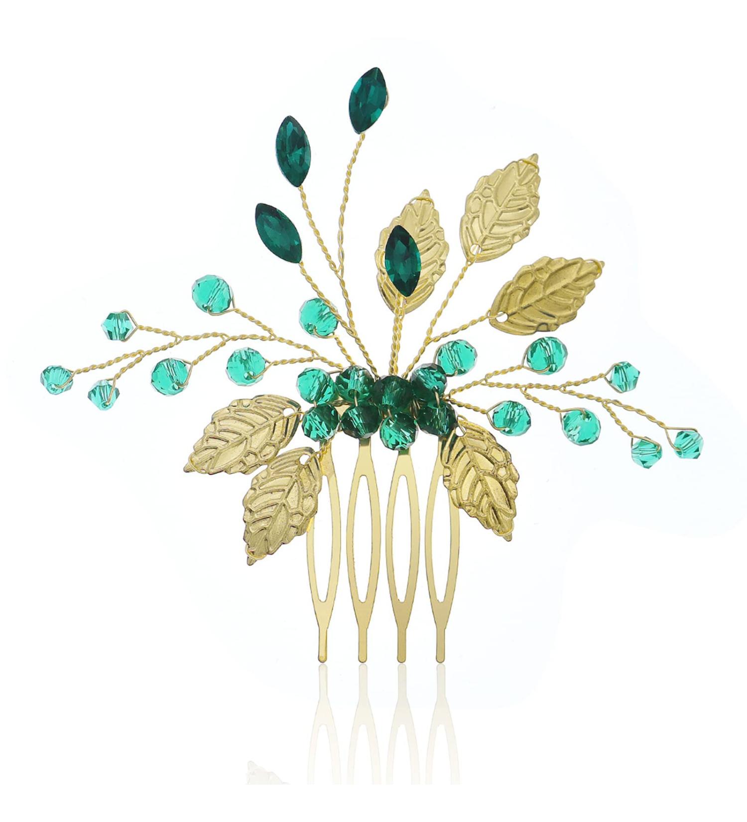 Gold Leaf Bridal Hair Clip Comb with Emerald Green Crystal - Wedding Prom Accessories - Buy Online on GoSupps.com