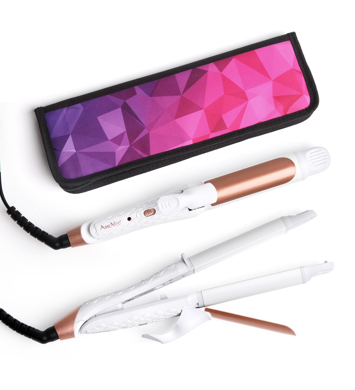 AmoVee 2-in-1 Mini Travel Curling Iron and Flat Iron - Dual Voltage 1 inch with Carry Bag - Perfect Valentine's Day Gift for Her (White) - Buy Online on GoSupps.com