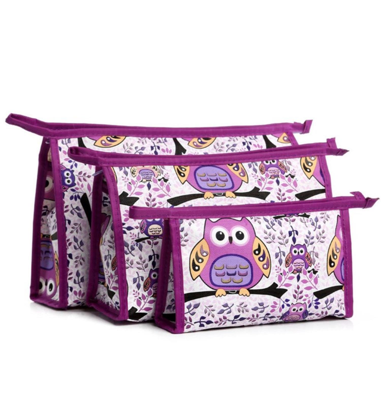 XICHEN 3 in 1 Zippered Cosmetic Bag - Owl Purple | Durable Vacation Bathroom Storage (3 Sizes) - Buy Online on GoSupps.com