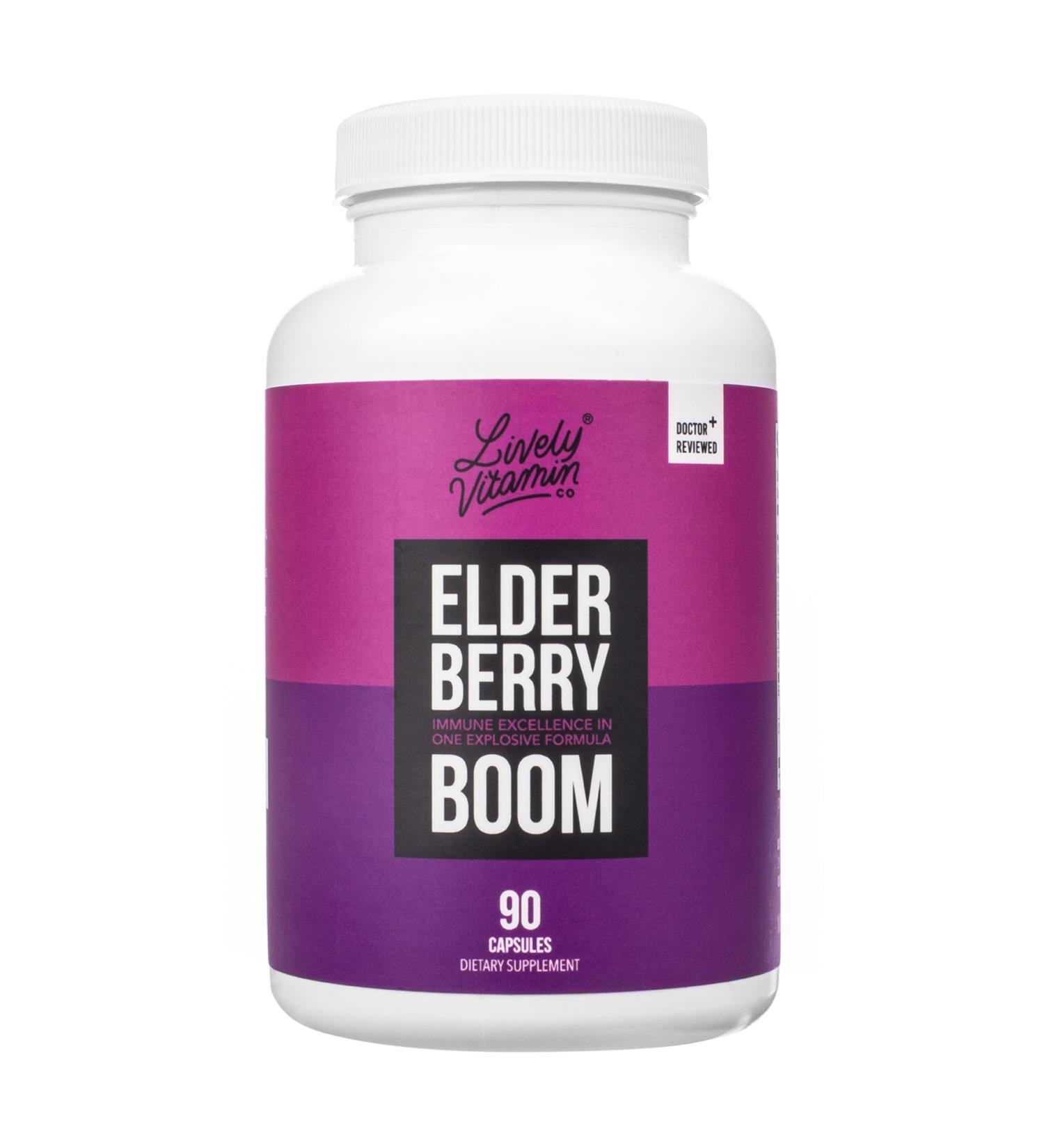 LIVELY VITAMIN CO. Elderberry Boom - Boosts Immune Function - Prevents Colds & Sickness - Elderberry, Zinc, Calcium, Magnesium, Vitamin C - 90 Vegetarian Capsules 90 Count (Pack of 1) - Buy Online on GoSupps.com
