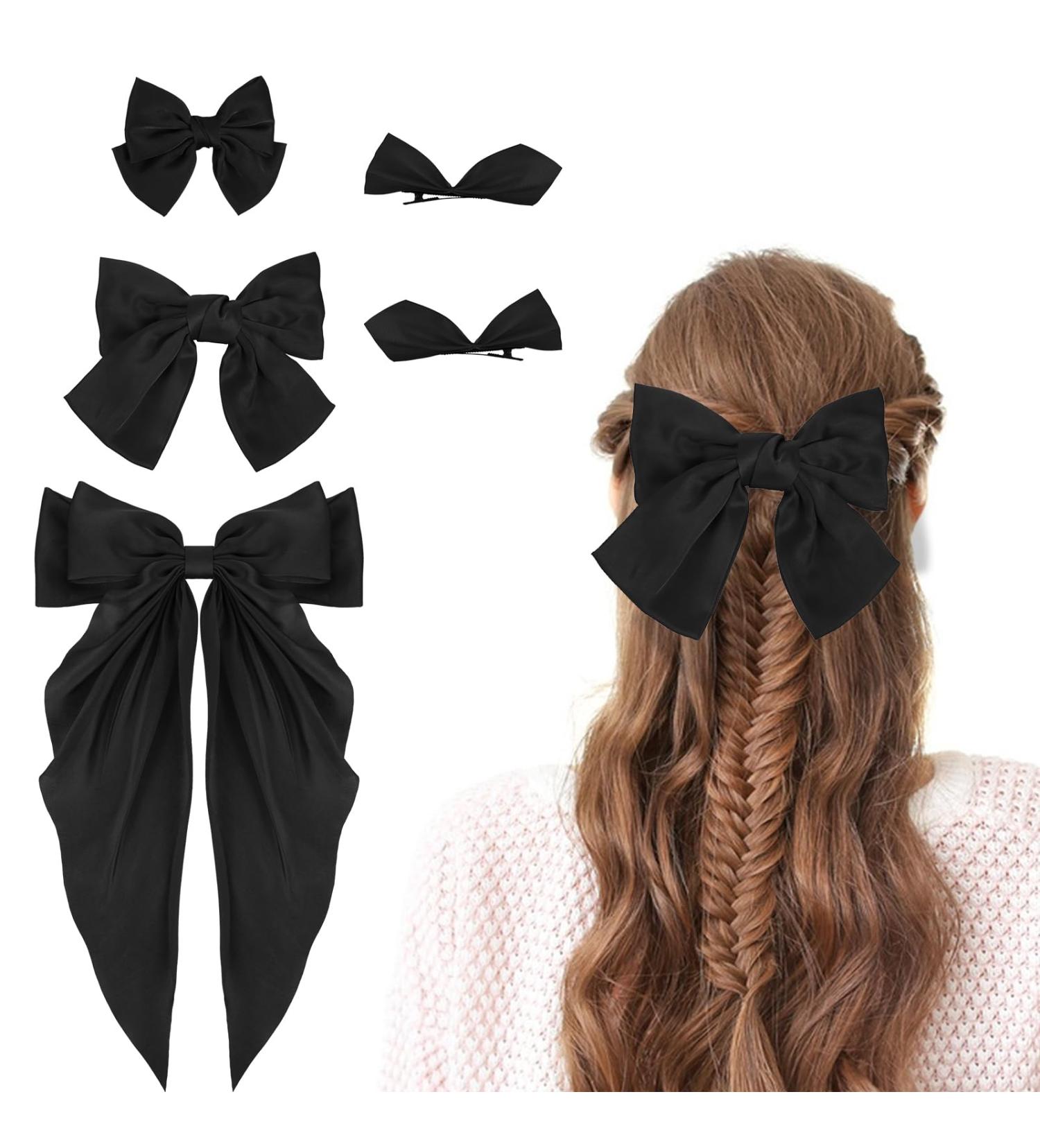 5Pcs Black Satin Silk Hair Bow Clips with Long Tail - Vintage Hair Ribbons for Women and Girls - Perfect for Parties, Valentine's Day, Weddings, Birthdays (4 Sizes) - Buy Online on GoSupps.com