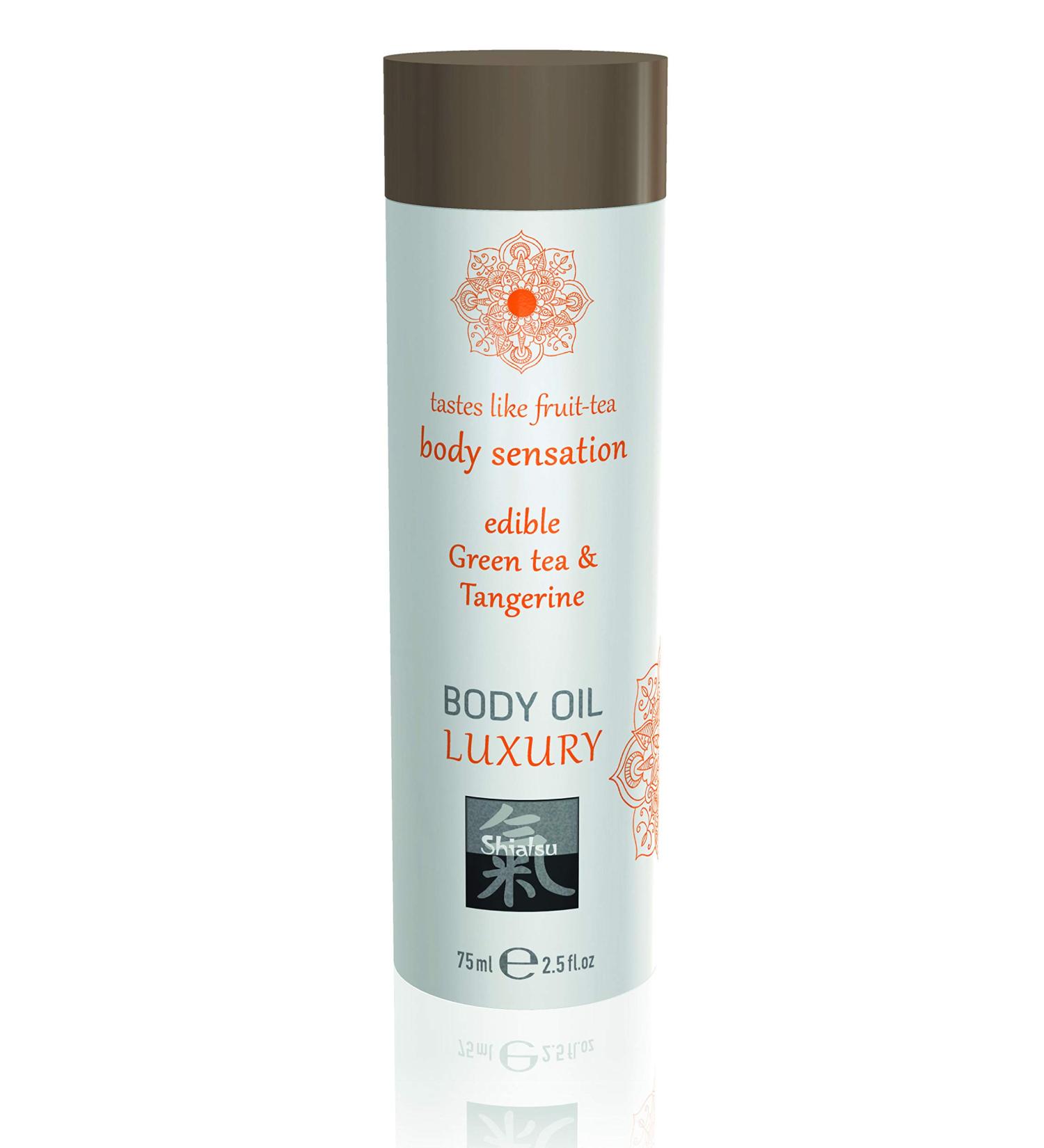 Shiatsu Body Oil Luxury Edible Green Tea & Tangerine.Essential massage oil with stimulating aphrodizing taste.More fun & eroticism at the partner massage. 75 ml