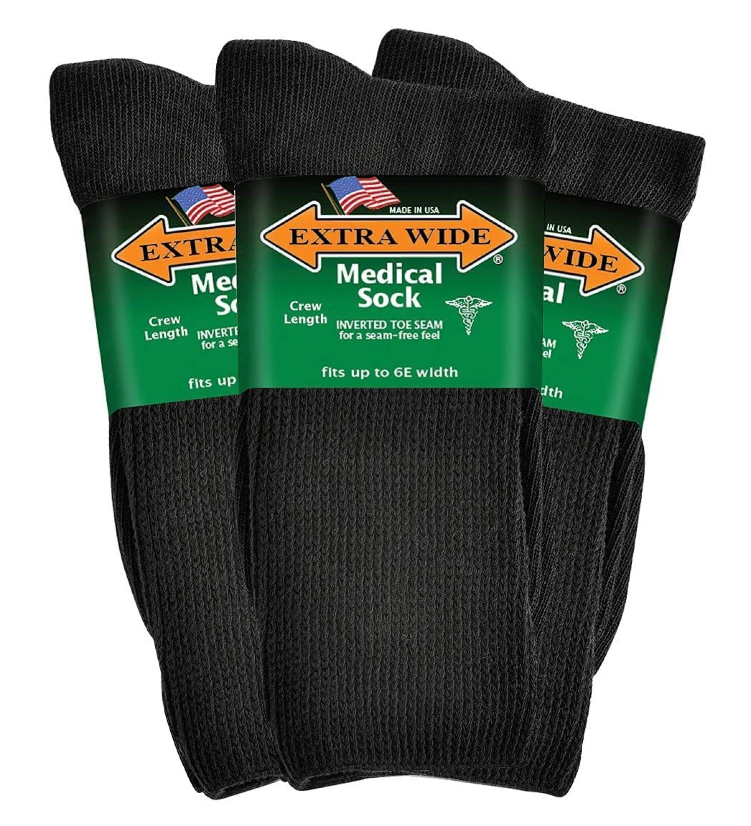 Extra Wide 6E Unisex Medical Mid Calf Crew 3PK - Antimicrobial - Made in USA - Black - Buy Online on GoSupps.com