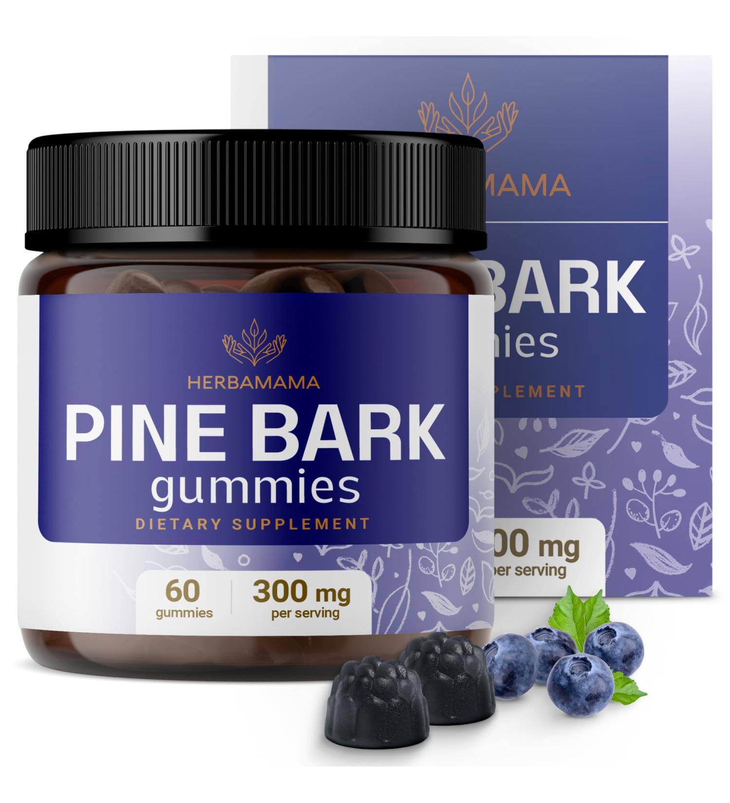 HERBAMAMA Pine Bark Extract Gummies - 300 mg Vegan Antioxidant Support - Non-GMO Blueberry Chews - 60 Count - Buy Online on GoSupps.com