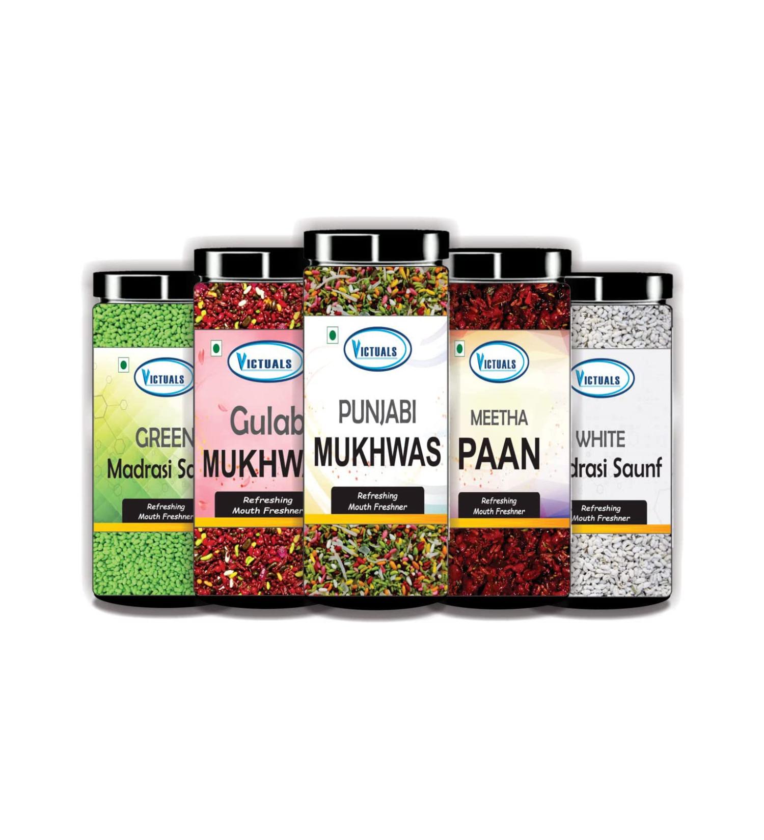 Victuals 5 in 1 Mukhwas Gulab Mukhwas Calcutta Meetha Paan Gulab Mukhwas Punjabi Mukhwas Meetha Paan White Madrasi Saunf Green Madrasi Saunf Mouth Freshener (5 x 100 g)_Packing May Vary - Buy Online on GoSupps.com