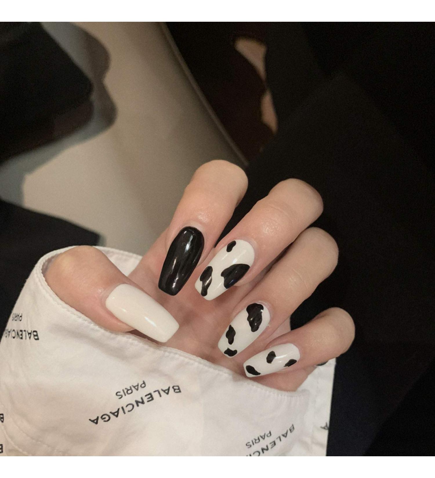 MISUD 24Pcs Medium Coffin False Nails - Fashion Ballerina Black White Cow Press on Nails for Women - Glossy Acrylic Nails - Buy Online on GoSupps.com