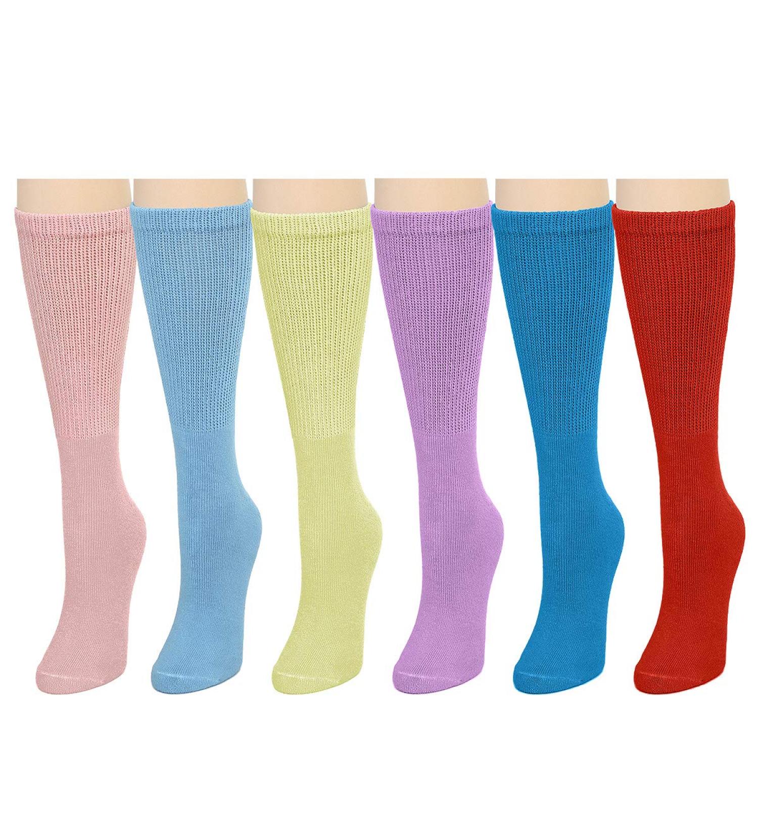 Falari Women Diabetic Socks - 6 Pairs Loose Fitting Cotton Crew Socks for Diabetes, Edema, and Circulatory Issues - Assorted 9-11 - Buy Online on GoSupps.com