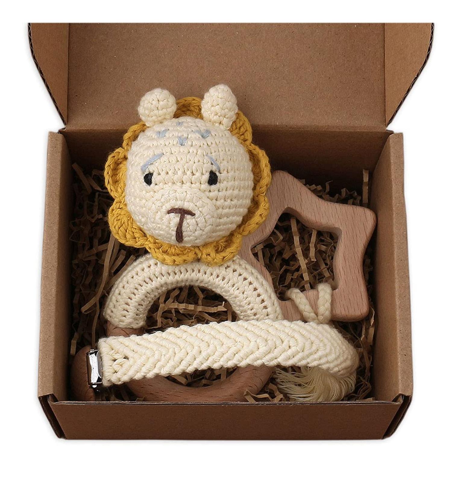TIAN-K 3pcs Baby Shower Gift Set | Pacifier Chain Wooden Teether & Animal Rattle for Newborns - Buy Online on GoSupps.com