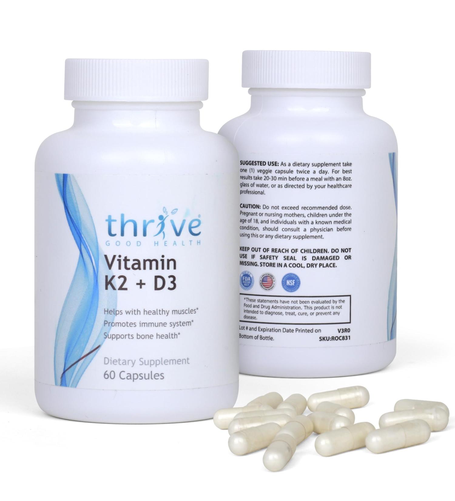 Thrive Good Vitamin K2 D3 - Daily Multivitamin Supplement for Men & Women with Vitamin D3, Calcium, and Black Pepper Extract - 60 Veggie Capsules - Buy Online on GoSupps.com