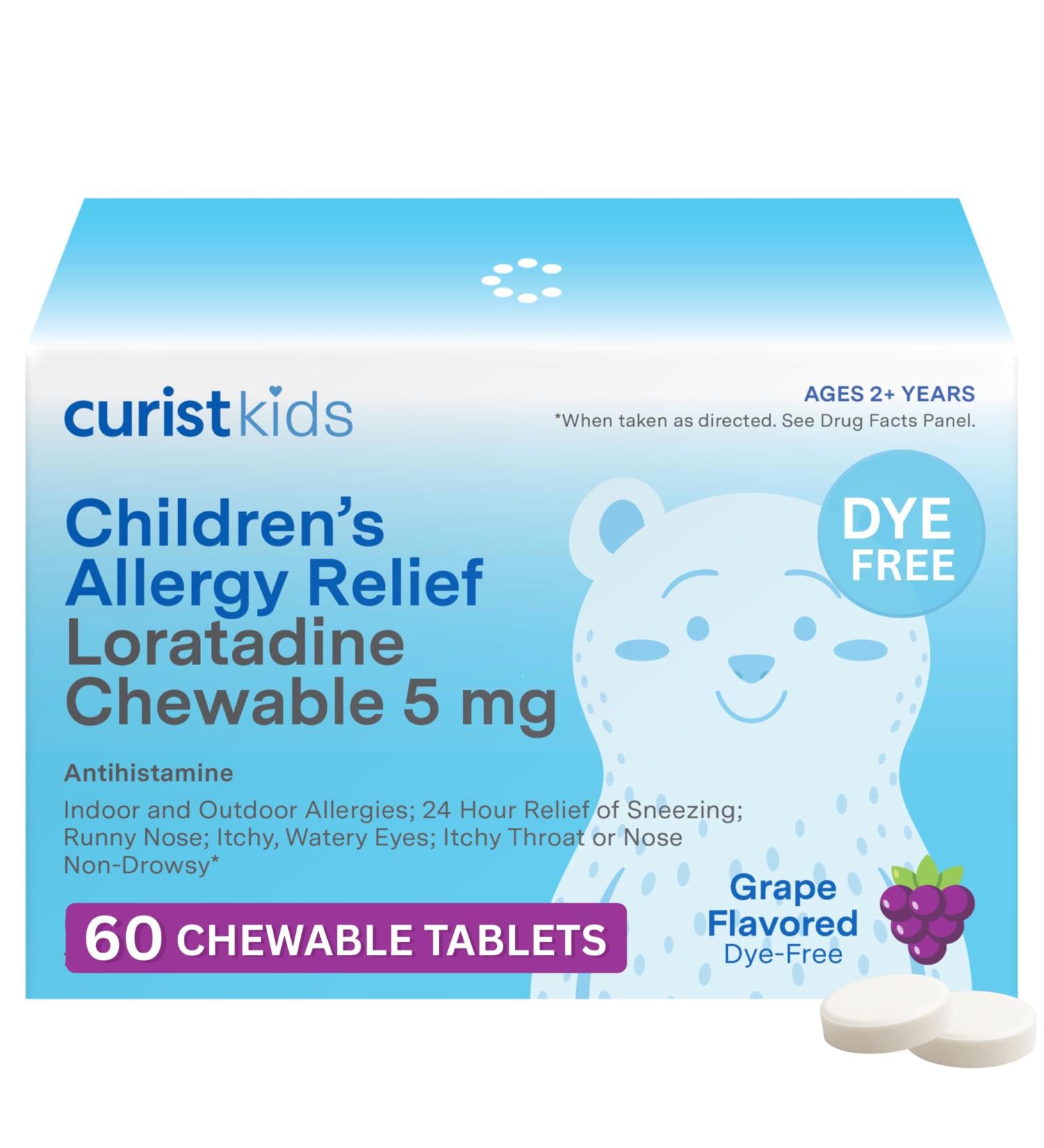 Curist Children's Allergy Medicine Chewable (Kids Loratadine 5mg) 60 Count Grape Flavor - 24 Hour Allergy Relief for Sneezing Runny Nose Itchy Eyes & Throat - Kids Allergy Medicine Chewable Tablets 60 Count (Pack of 1) - Buy Online on GoSupps.com