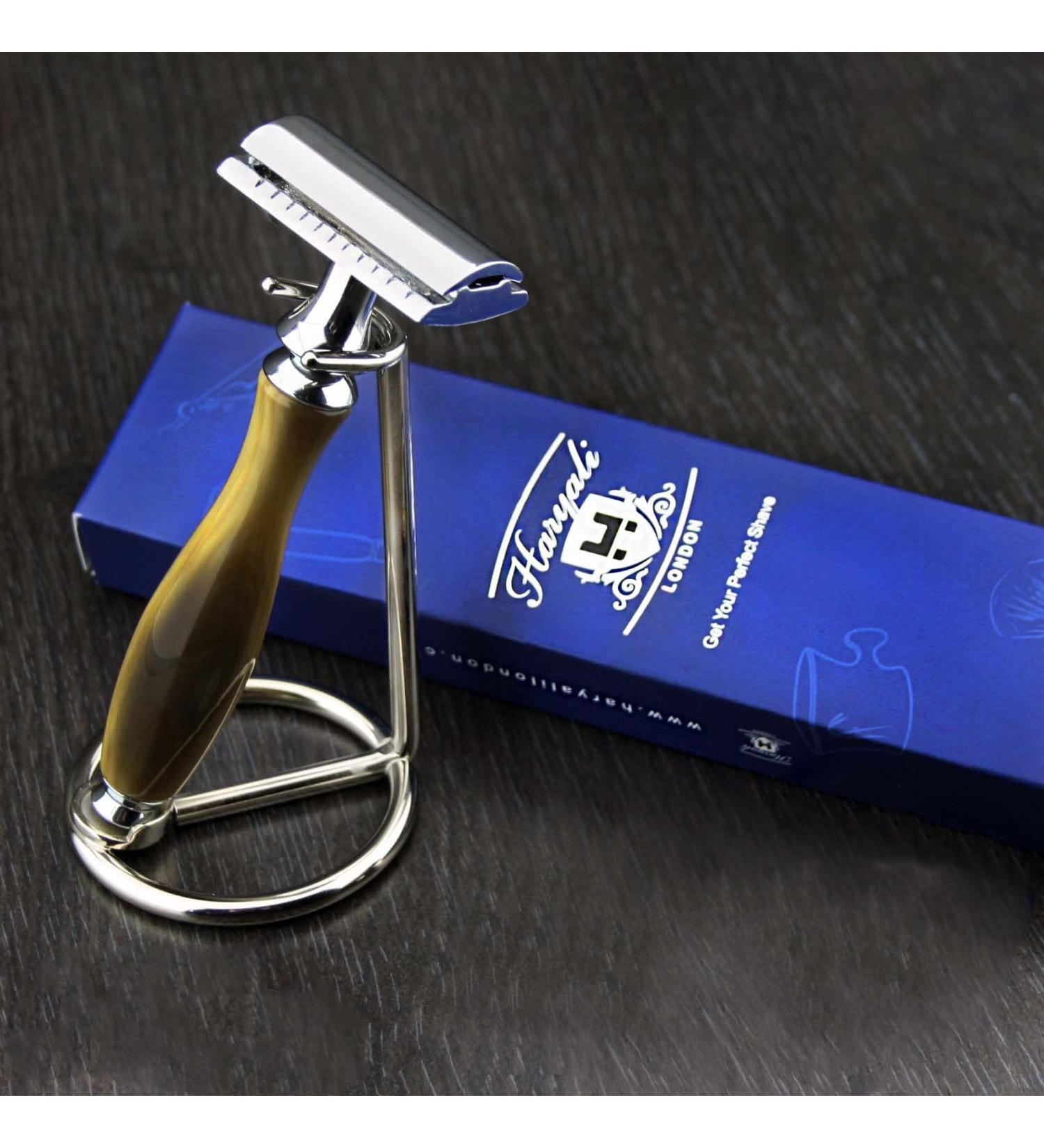 DE Safety Shaving Razor with Horn Handle & Stand | Premium Gents Grooming Essentials | Perfect Gift for Him - Buy Online on GoSupps.com