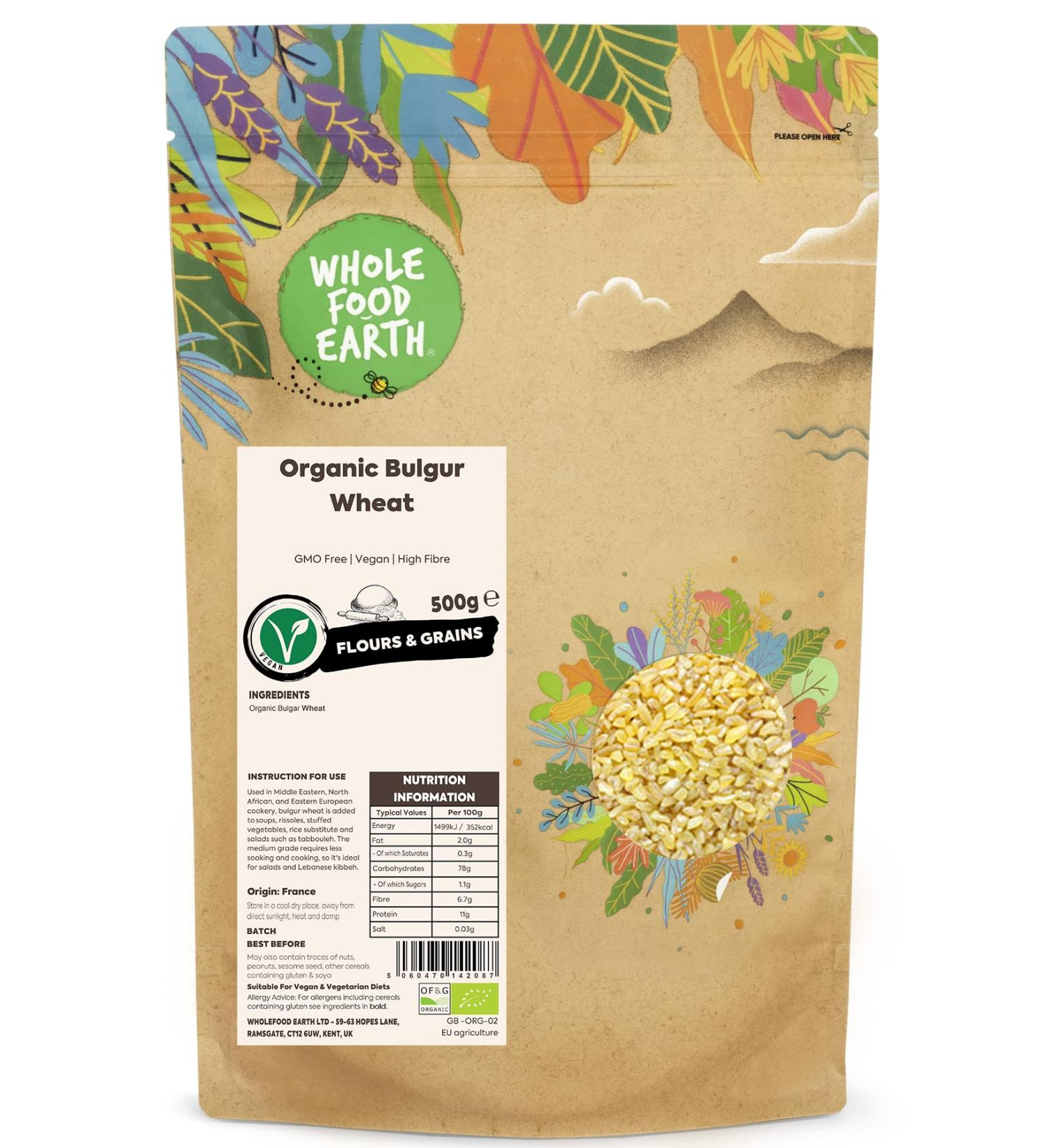Wholefood Earth Organic Bulgur Wheat 500g - GMO Free, Vegan, High Fibre | Certified Organic - Buy Online on GoSupps.com