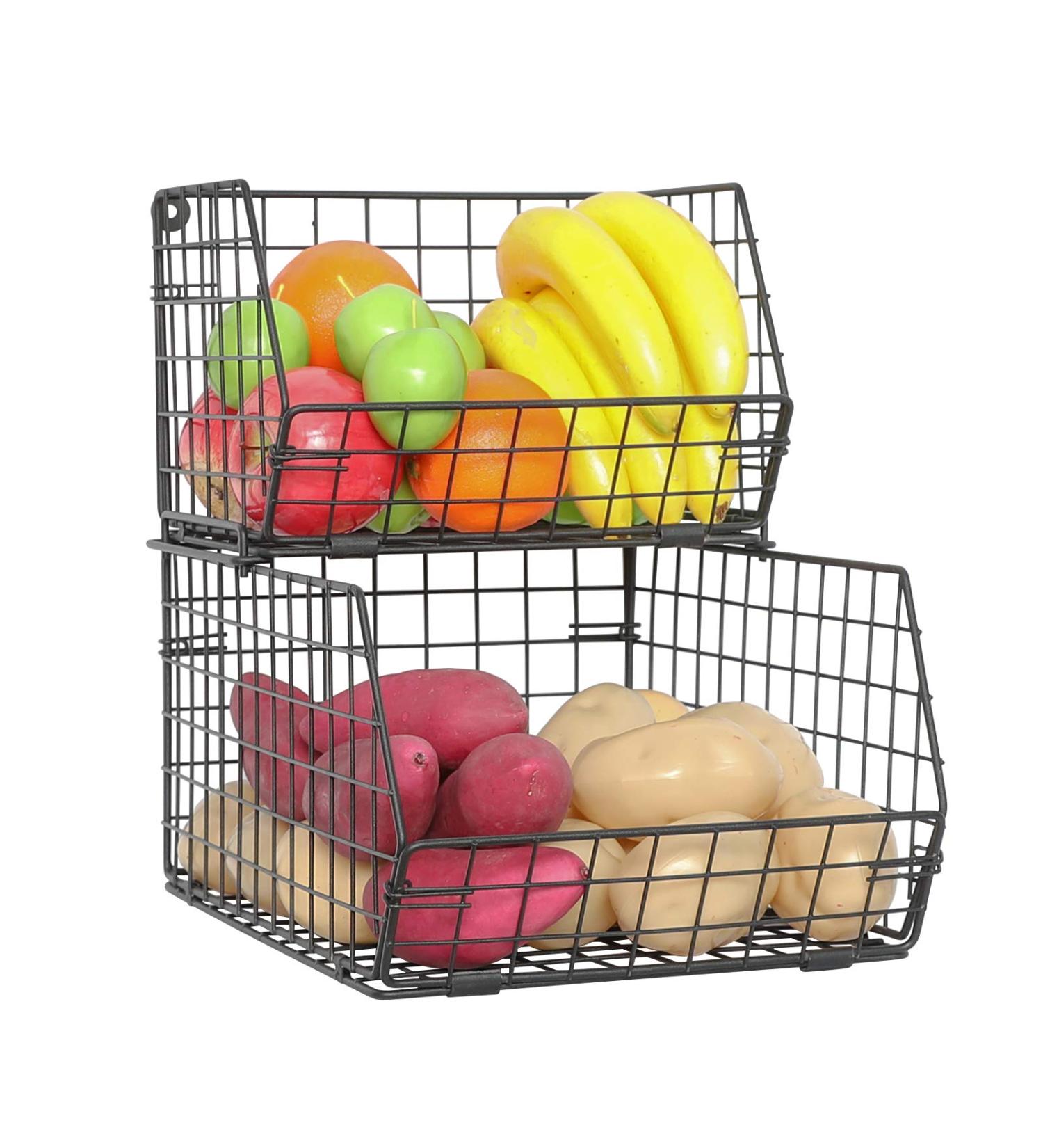 2-Tier Wall-mounted Fruit and Vegetable Basket - Stackable Kitchen Wire Storage for Produce and Snacks - Large Black - Buy Online on GoSupps.com