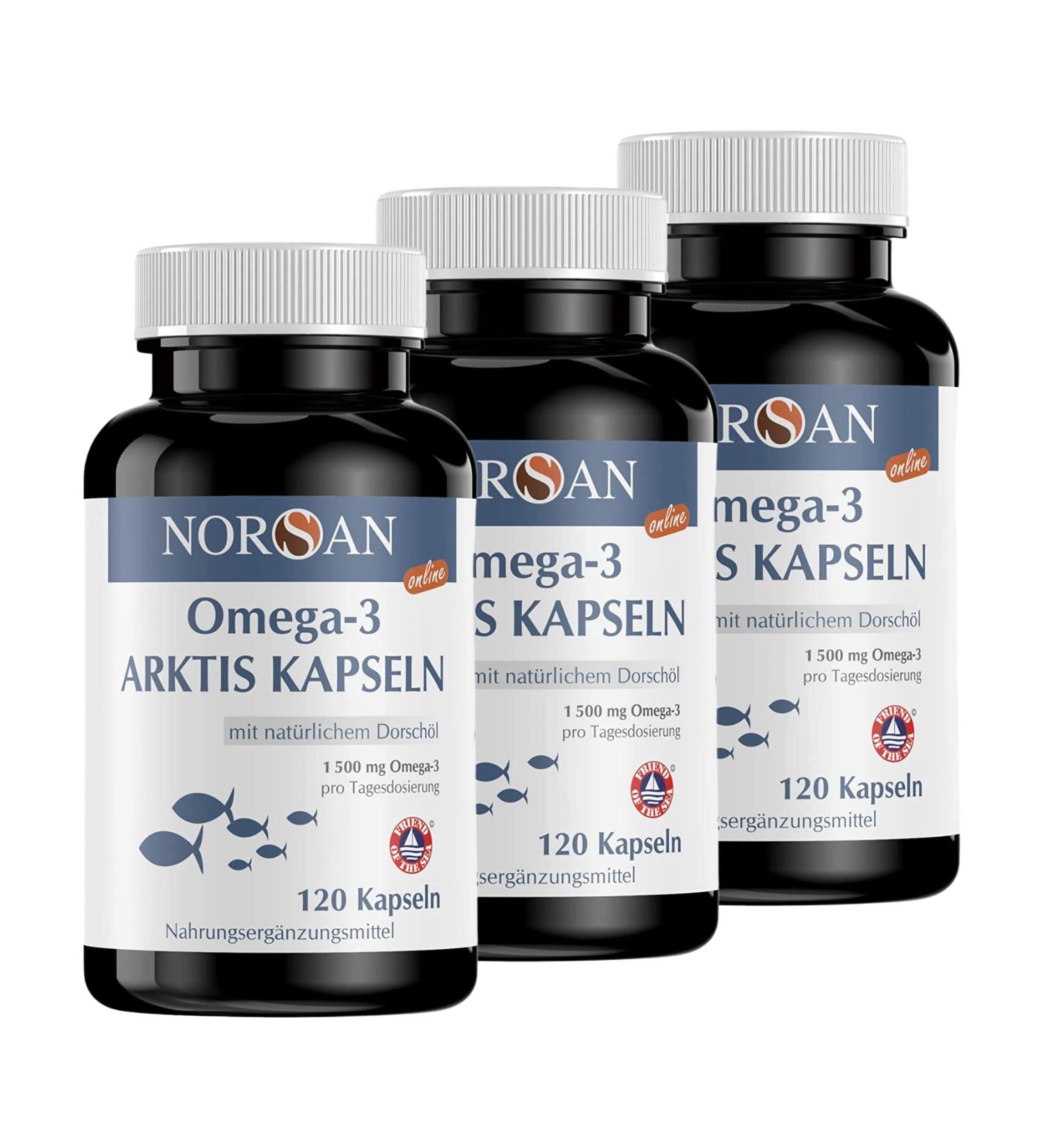 Norsan Premium Omega 3 Capsules - Arctic Cod Oil 3x120 Capsules | 1500mg Omega-3 per Serving | 480mg EPA & 720mg DHA | Sustainable Fish Oil Supplement - Buy Online on GoSupps.com