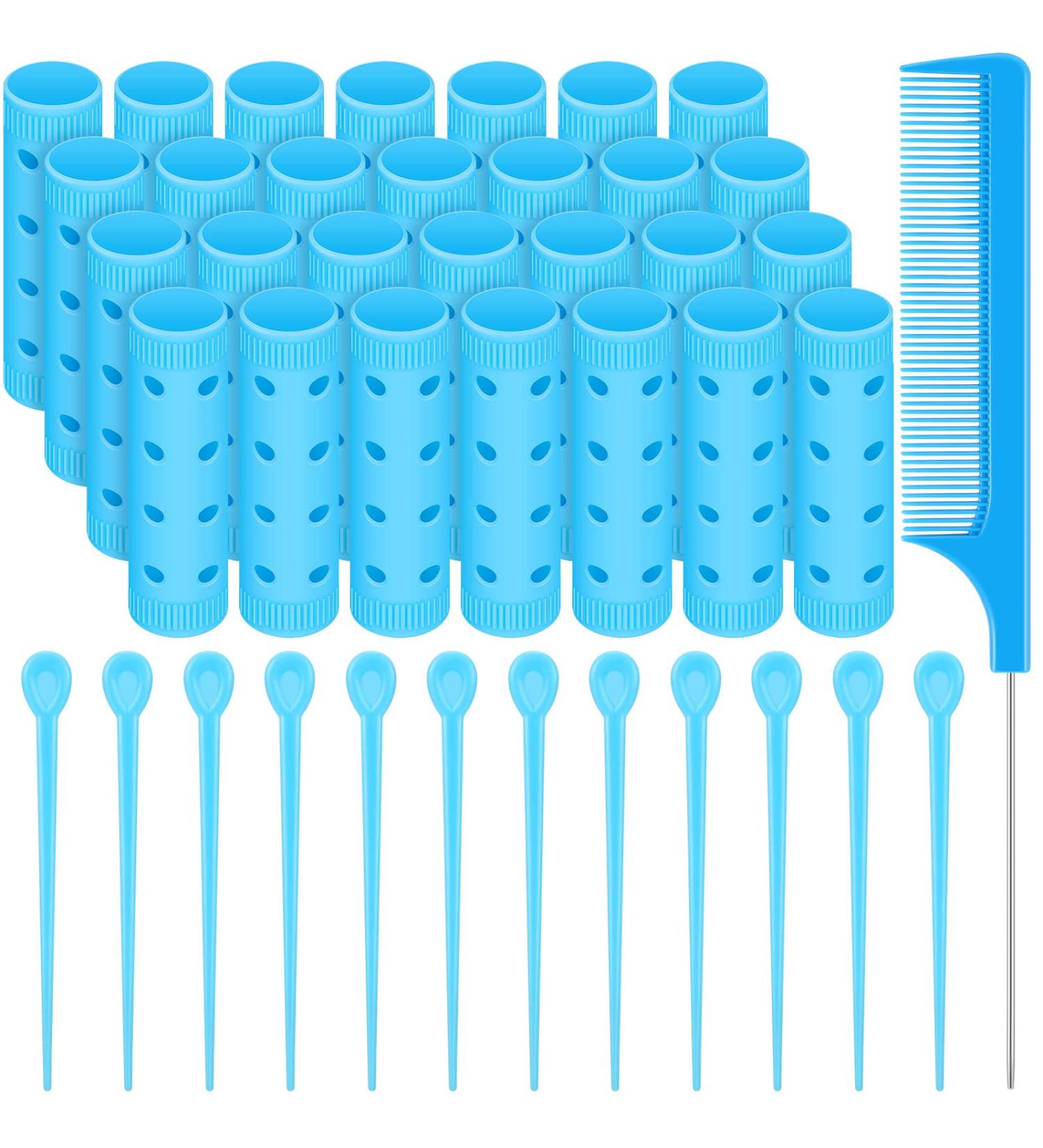 Small Size Hair Rollers Set - 28 Plastic Hair Rollers 0.63 Inch with Steel Pintail Comb - Hairdressing Styling Tools in Blue - Buy Online on GoSupps.com