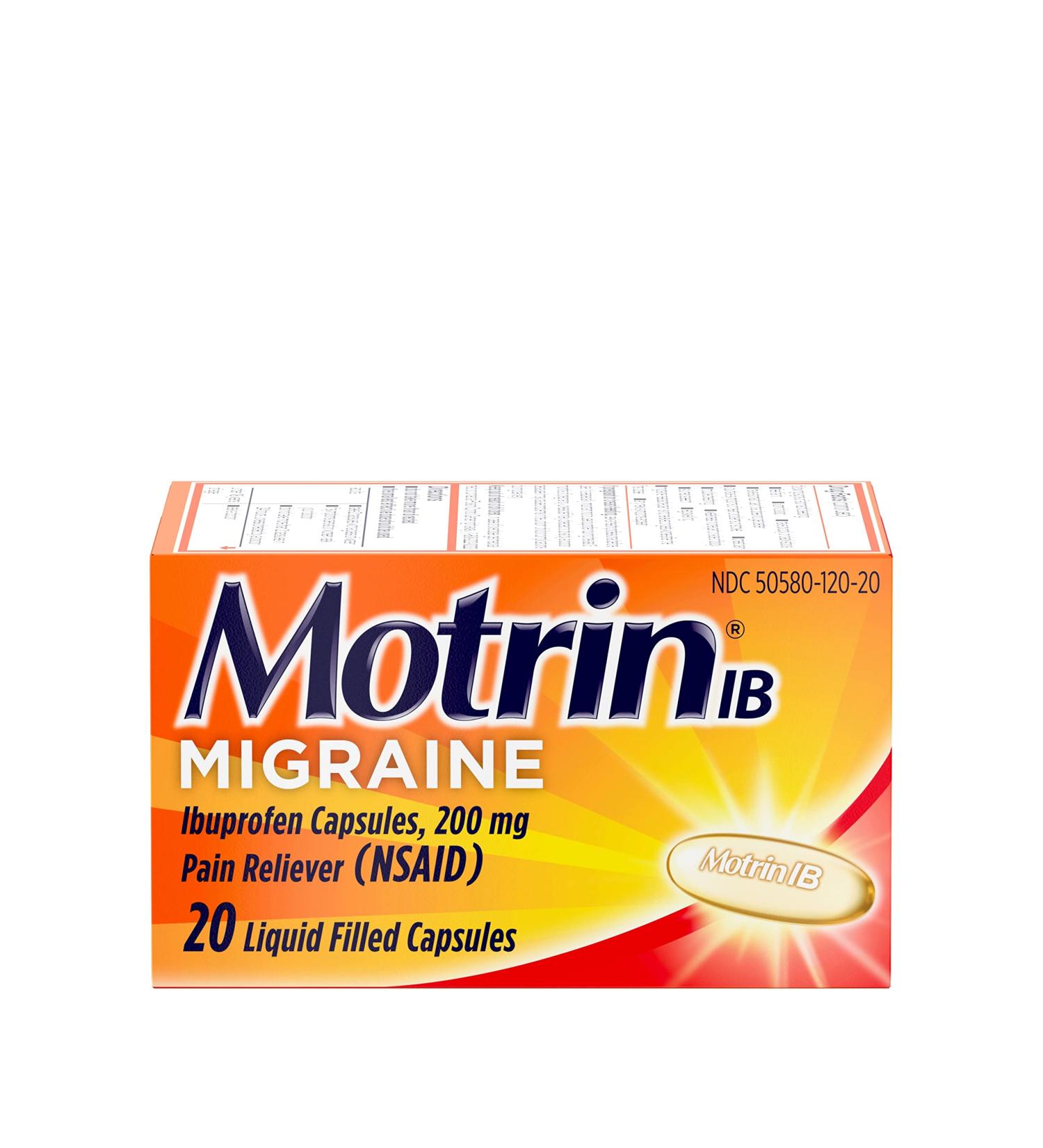 Motrin IB Migraine Liquid Gel Caps 20 Ct Ibuprofen 200mg for Migraine Relief - Buy Online on GoSupps.com