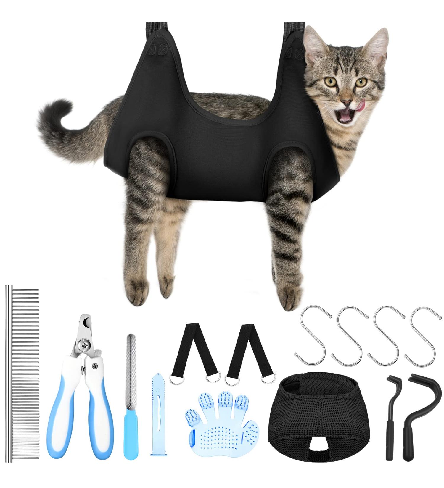 Ferraycle 14-in-1 Pet Grooming Hammock Harness for Dogs & Cats - Nail Trimming Sling with Clippers, File, Comb | Large Size Restraint Bag in Blue & Black - Buy Online on GoSupps.com