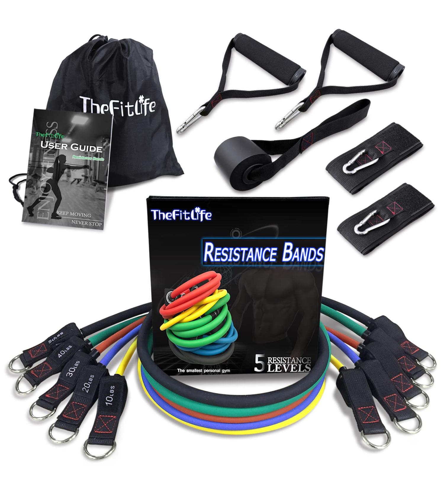 TheFitLife Exercise Resistance Bands - 5 Stackable Fitness Workout Bands up to 300lbs - Handles, Ankle Straps, Door Anchor, Carry Bag - Buy Online on GoSupps.com