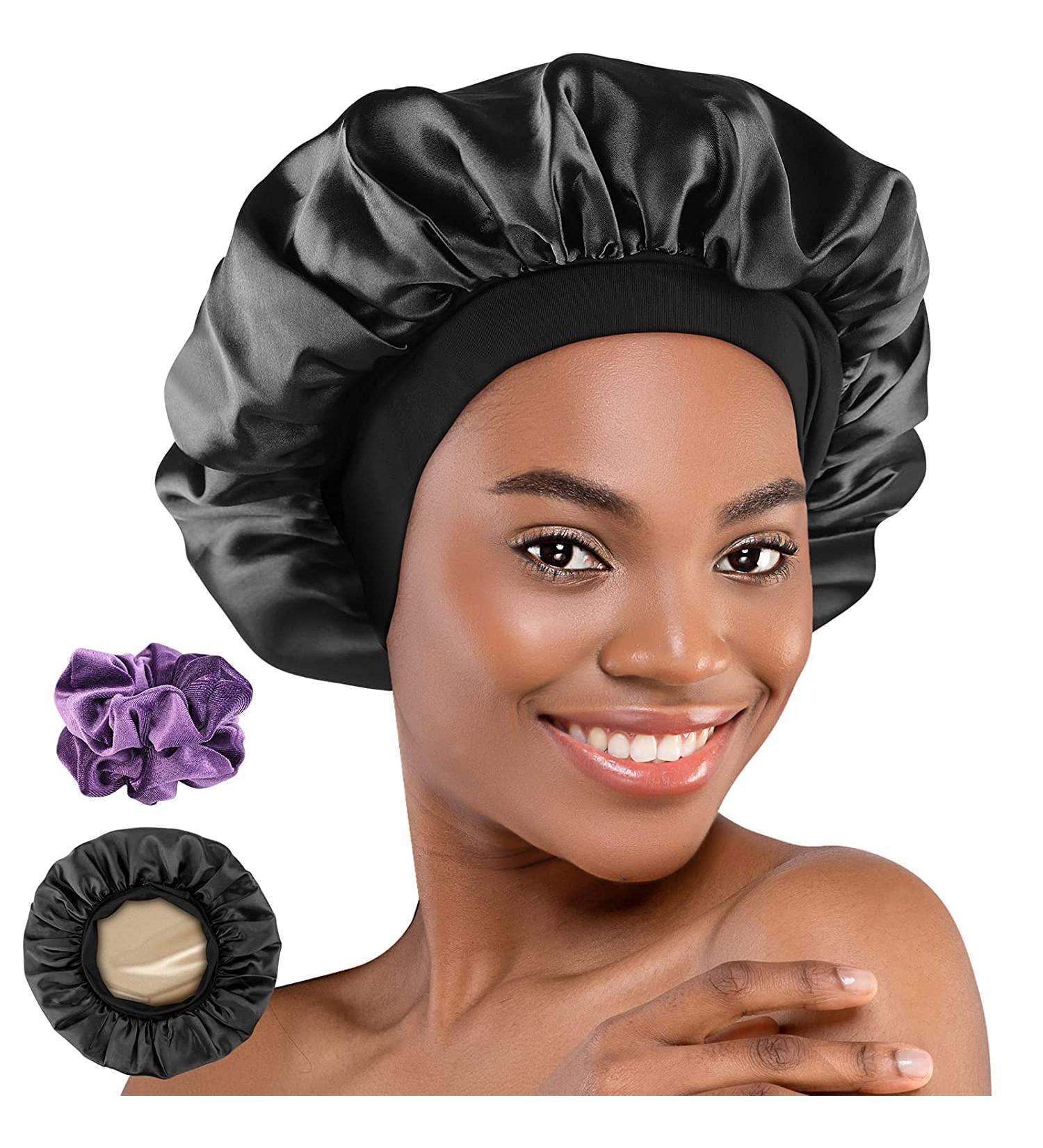 Hafree Silk Satin Bonnet Sleep Cap with Scrunchies - Double Layer Lined Bonnet for Curly Hair | Black - Buy Online on GoSupps.com