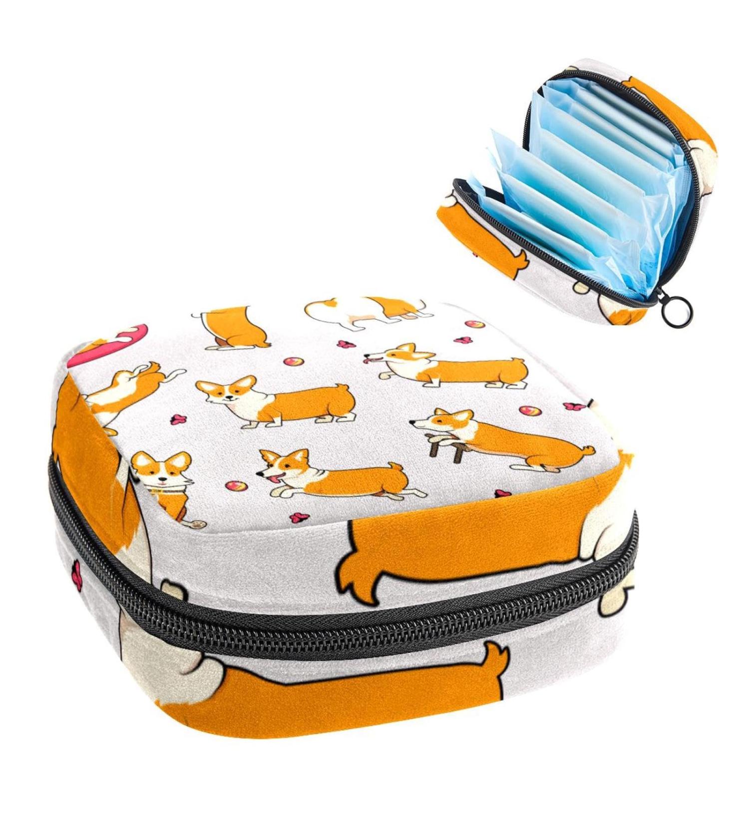 Women's Tampon Zipper Bag - Orange Corgi Dog Play Ball Pattern - Period Pocket for Teens - Multicolored Wallet for Feminine Care - Buy Online on GoSupps.com