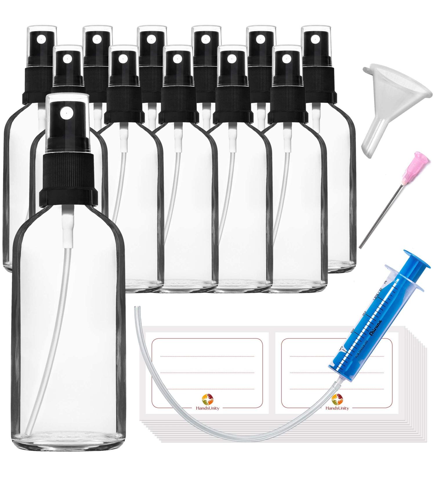 Handsunity 100ml Glass Spray Bottle Set - 12 Clear Pharmacy Bottles with Black Atomizers & 29 Accessories for Ideal Storage - Buy Online on GoSupps.com