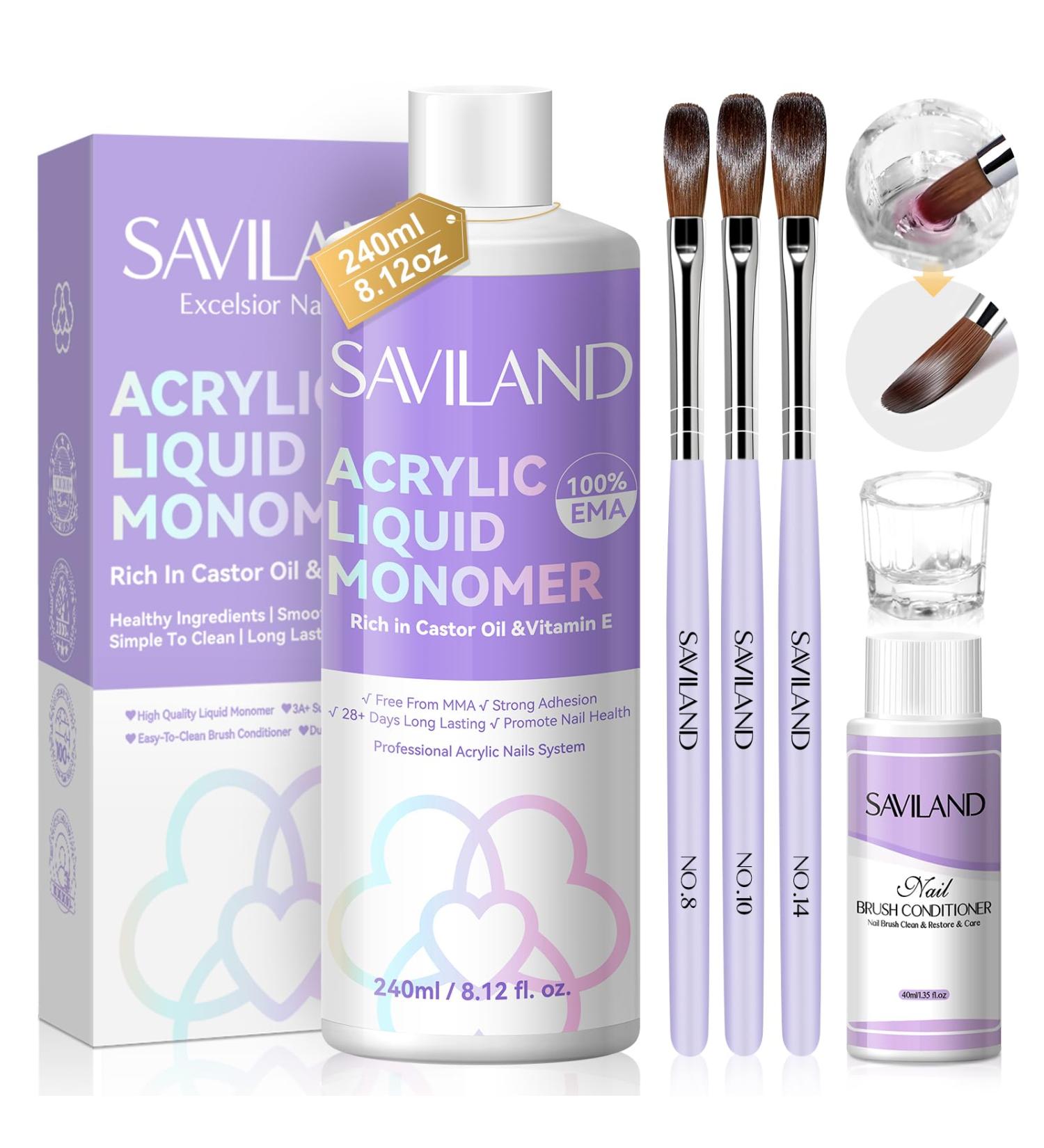 SAVILAND Acrylic Liquid Monomer 8.16 fl.oz - Pure EMA Nail Liquid with Brush Cleaner & 3 Acrylic Brushes | Perfect for Home Nail Salon & Extensions - Buy Online on GoSupps.com