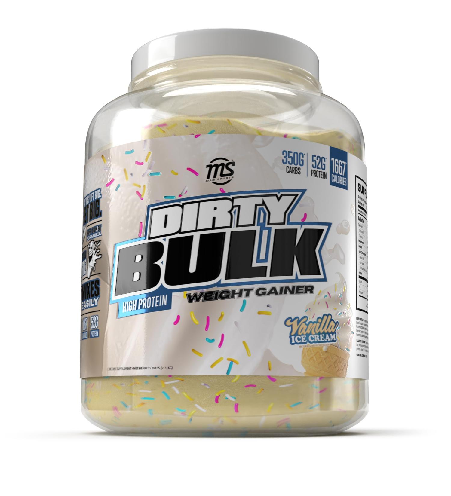 MAN Sports Dirty Bulk Vanilla Ice Cream - High Protein Weight Gainer Powder | 52g Protein | International Shipping - Buy Online on GoSupps.com