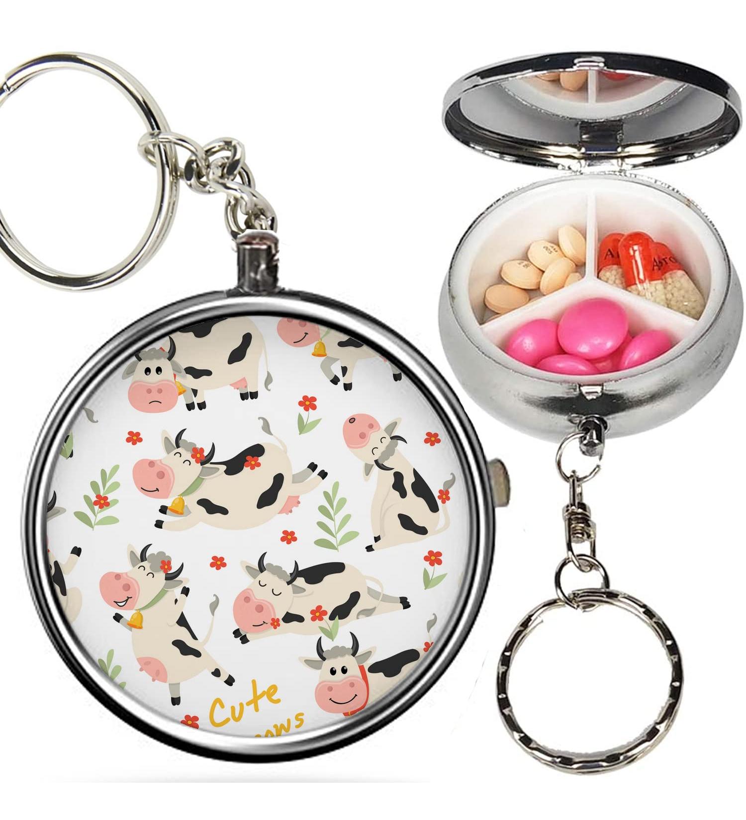 Pack of 2 - Portable Pill Organizer (Cute Cows Character) Metal Medicine Box 3 Compartment Stash Vitamin Meds Case with Keychain