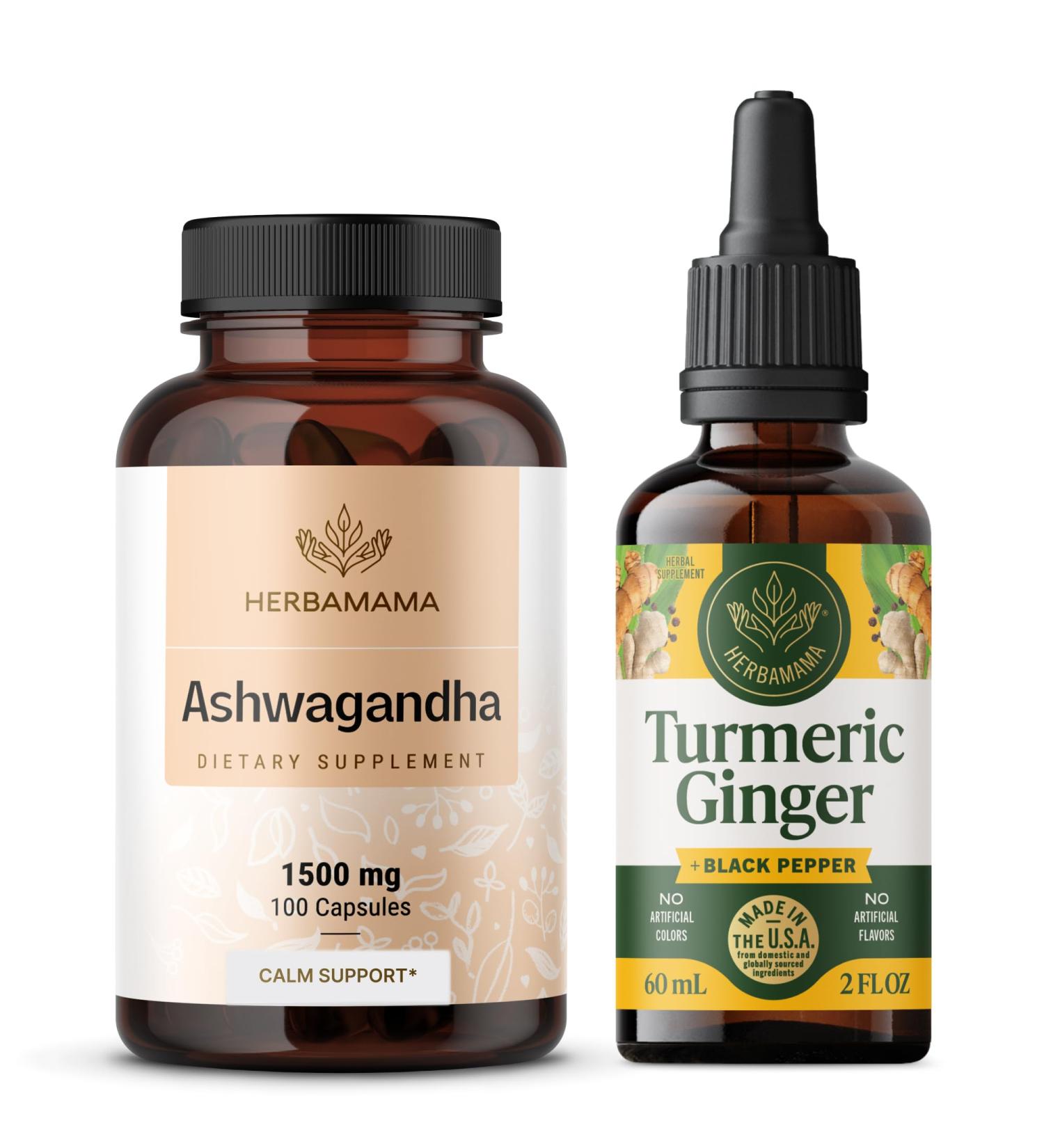 HERBAMAMA Ashwagandha and Turmeric Ginger Kit - Bundle of 1500 mg Ashwagandha Root Capsules & Turmeric Ginger Tincture 2 fl oz - Vegan Non-GMO Sugar & Alcohol-Free - 2 Pack - Buy Online on GoSupps.com