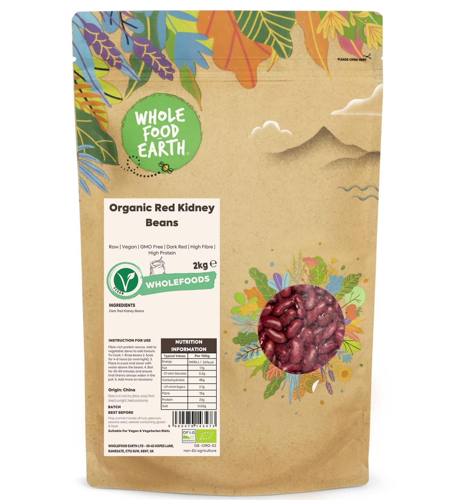 Wholefood Earth Organic Red Kidney Beans 2kg- Raw, Vegan, GMO-Free | High Fibre, Protein | Dark Red, Certified Organic - Buy Online on GoSupps.com