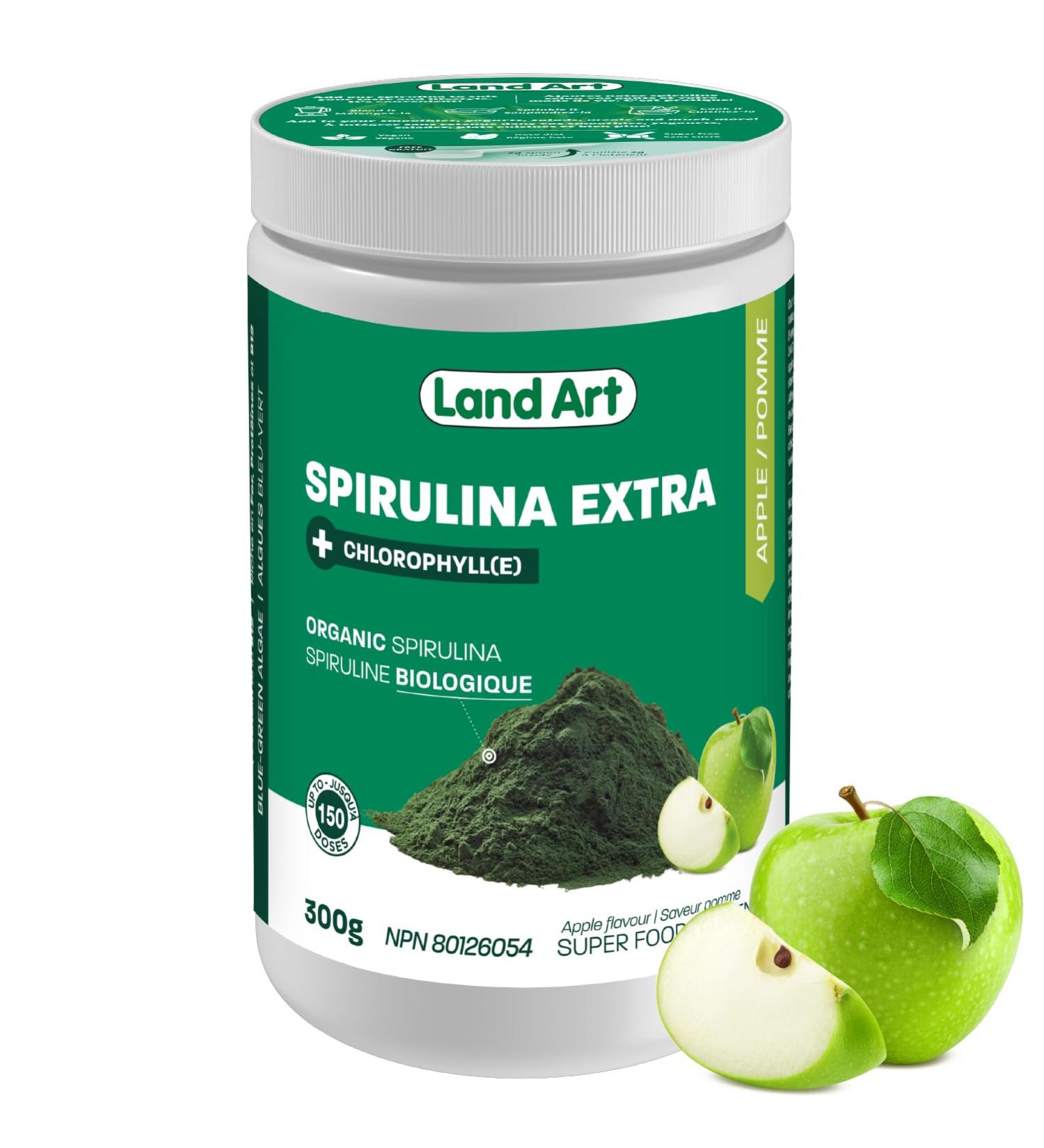 Certified Organic Fresh Spirulina Extra Powder 300g - Improved with Bioavailable Chlorophyll Added - Apple Flavour - Clean Source - 3rd party tested - Measuring Spoon Inside - Made in Canada - Buy Online on GoSupps.com