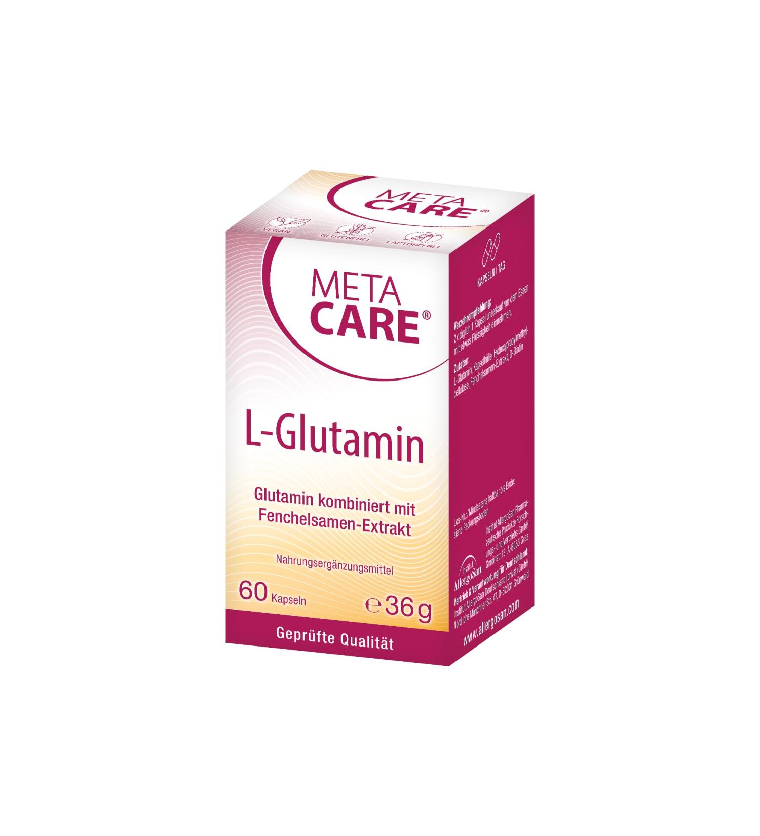 Meta Care L-Glutamine Vegan High Dose Supplement | Biotin & Fennel Seed Extract | 60 Capsules for Optimal Health - Buy Online on GoSupps.com