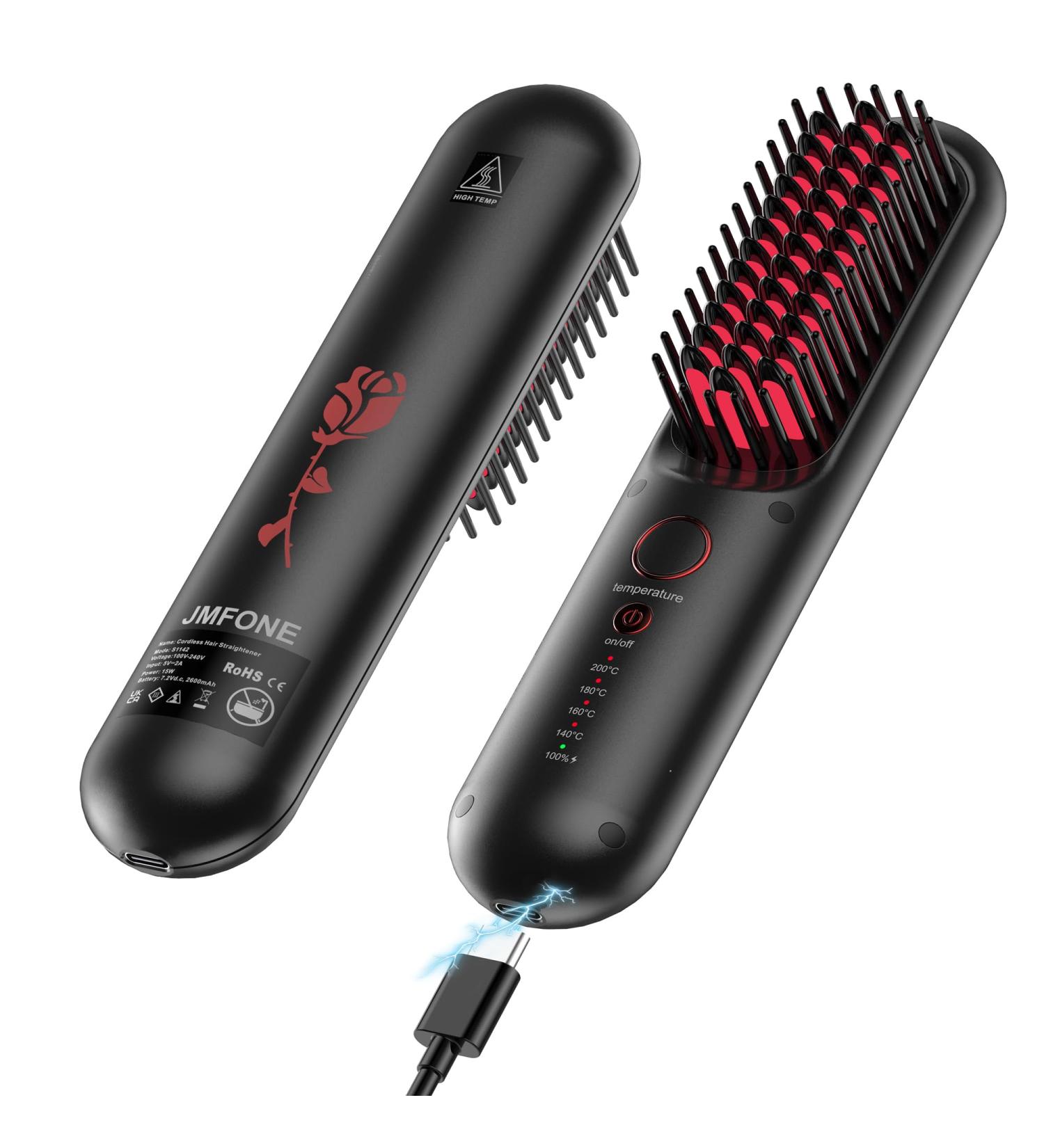 JMFONE Cordless Mini Hair Straightener Brush - USB Rechargeable Travel Flat Iron & Hot Comb for Quick Heat - Ideal for Home & Outdoor Use - Red & Black - Buy Online on GoSupps.com