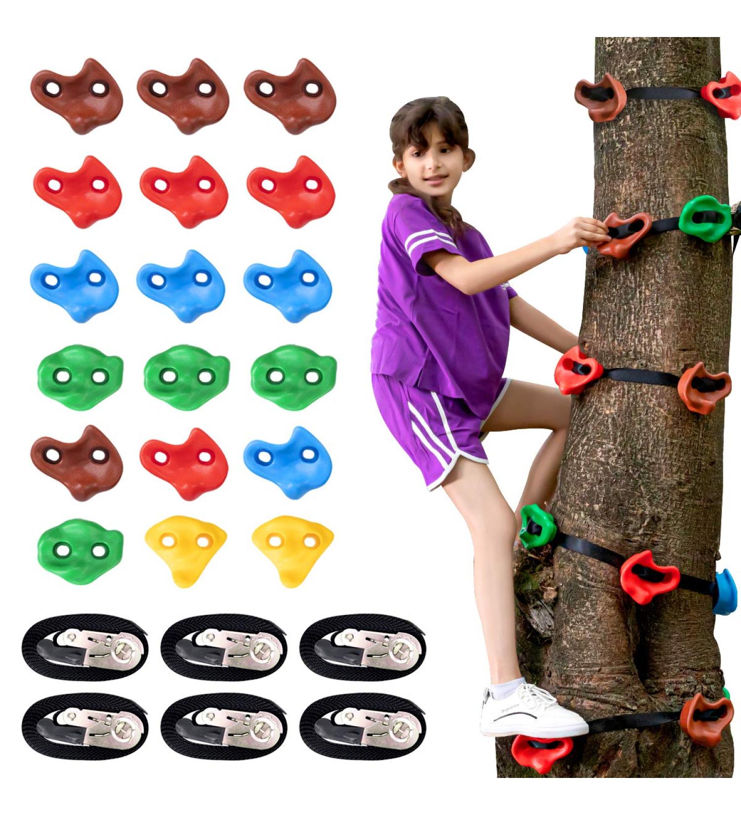 18 Ninja Tree Climbing Holds with 6 Ratchet Straps - Outdoor Obstacle Course Training for Kids - Buy Online on GoSupps.com