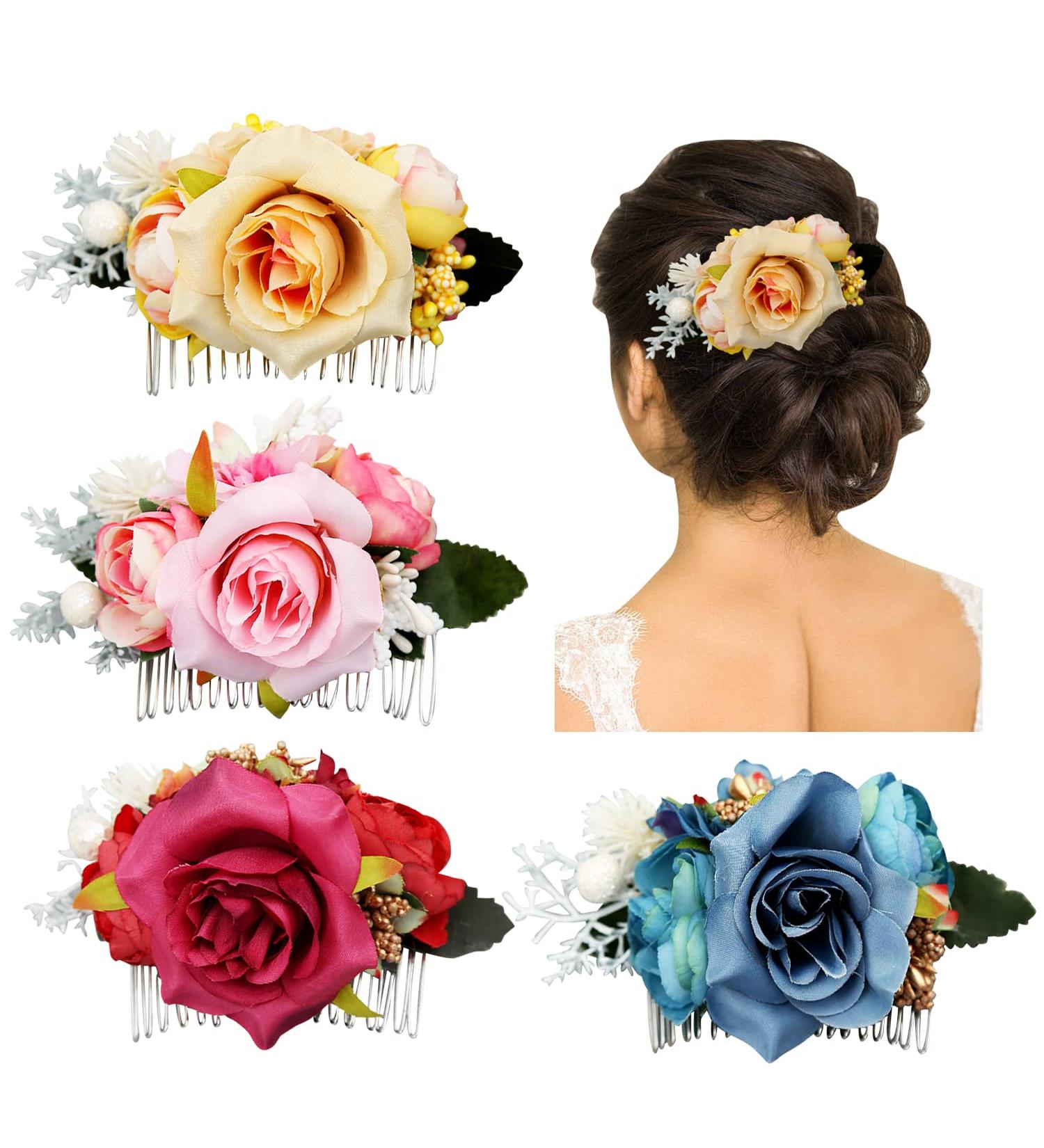 4 Pack Artificial Rose Flower Hair Combs - Wedding & Party Hair Accessories for Women - Buy Online on GoSupps.com