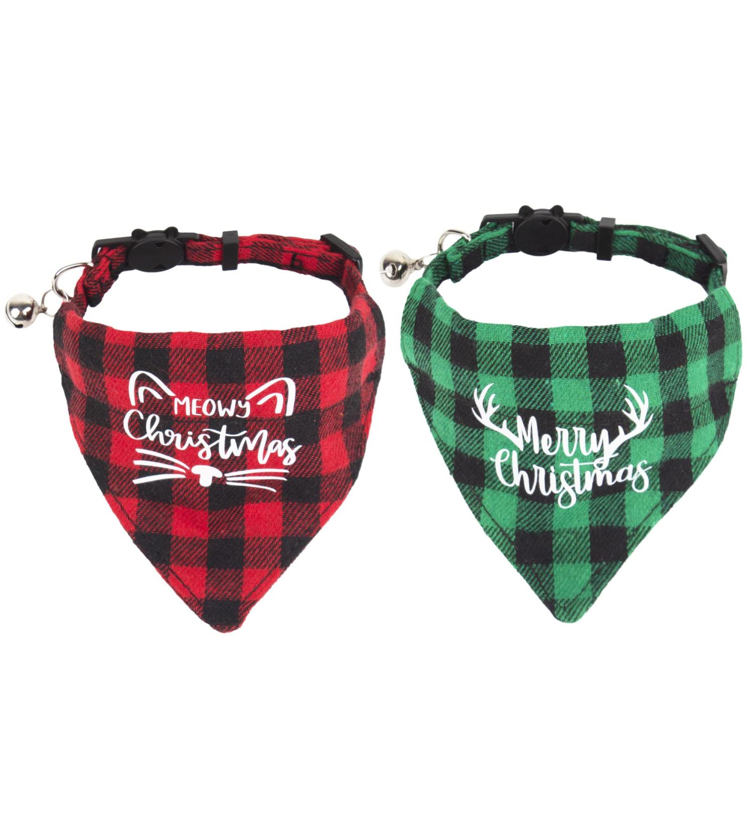 ADOGGYGO Christmas Cat Collars 2 Pack with Bell - Adjustable Bandana Collar in Red Green Plaid for Cats Kittens - Buy Online on GoSupps.com