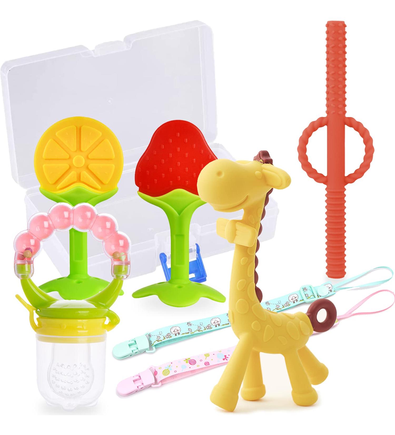 Baby Teething Toy Set for Newborns - Silicone Teethers with Fruit Feeders, Teething Tubes, and Holder Clip - Freezable and BPA-Free - Buy Online on GoSupps.com