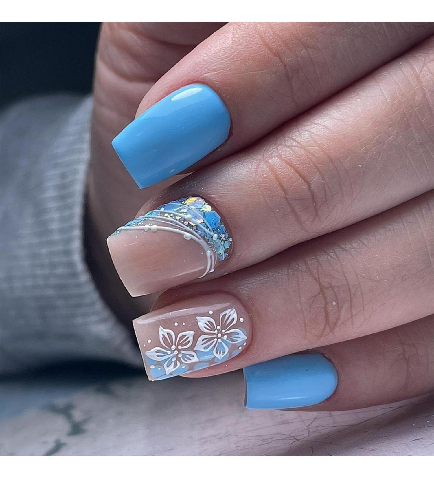 OKAQEE Almond Solid Blue Gold Fake Nails - Short Square False Nails with Glue - Buy Online on GoSupps.com