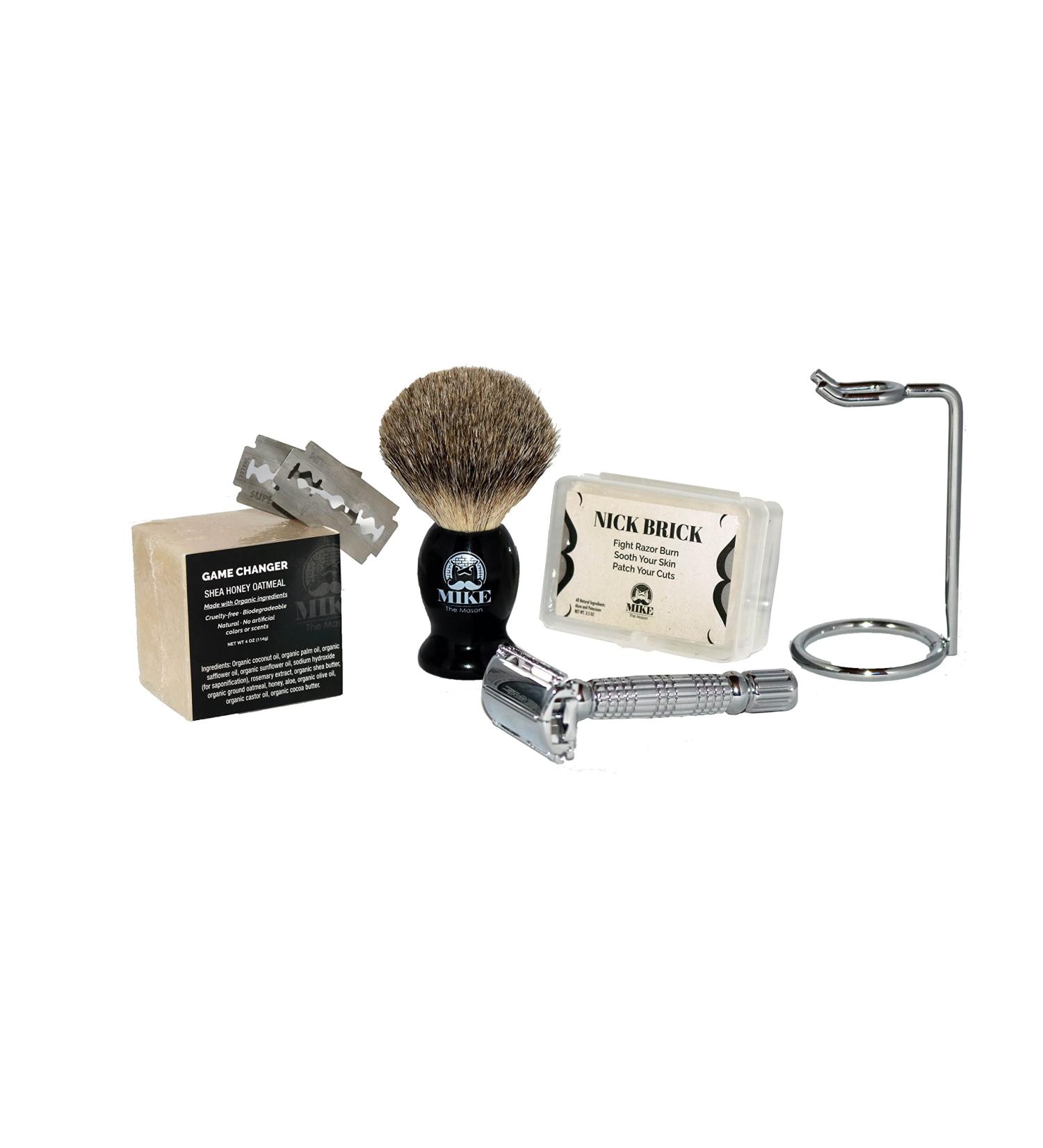 Complete Wet Shave Kit | Mike the Mason | Premium Safety Razor Set with Badger Hair Brush Organic Shave Bar & More - Perfect Gift for Men - Buy Online on GoSupps.com