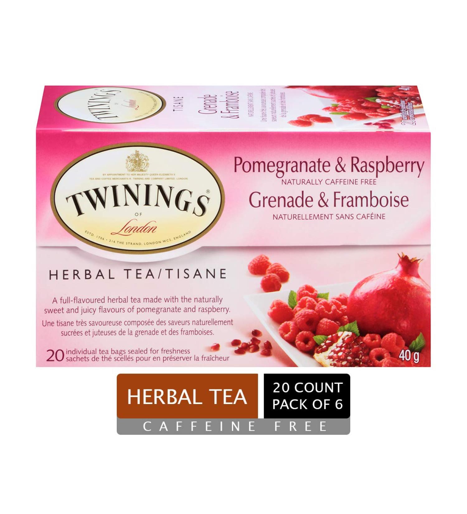 Twinings Pomegranate and Raspberry Herbal Individually Wrapped Tea Bags | Naturally Caffeine-Free Full-Flavoured Herbal Tea | 20 Count (Pack of 6) | Enjoy Hot or Iced Pomegranate and Raspberry 20 Count (Pack of 6) - Buy Online on GoSupps.com